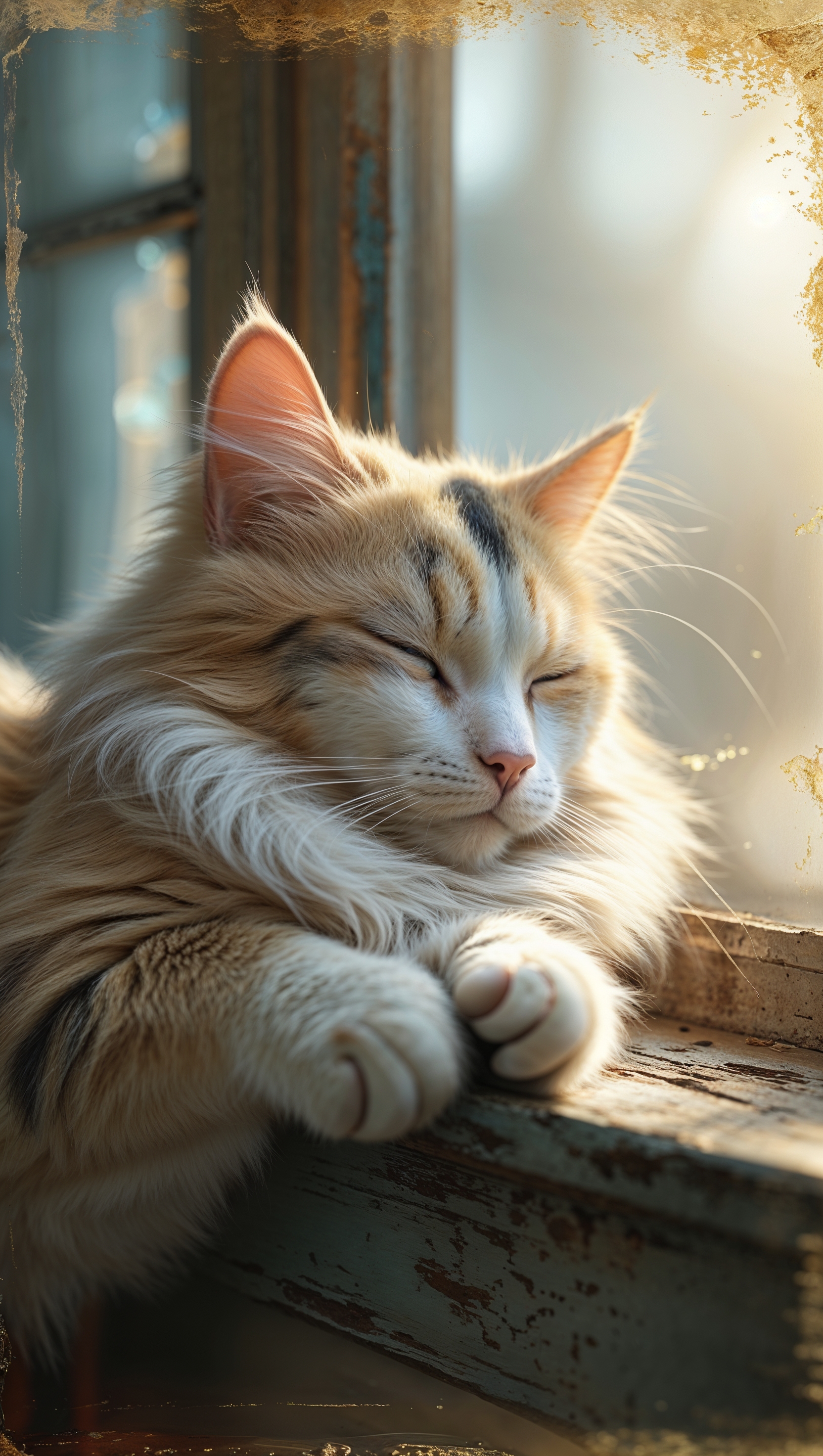 August iPhone wallpaper featuring a cat napping by the window with soft sunlight