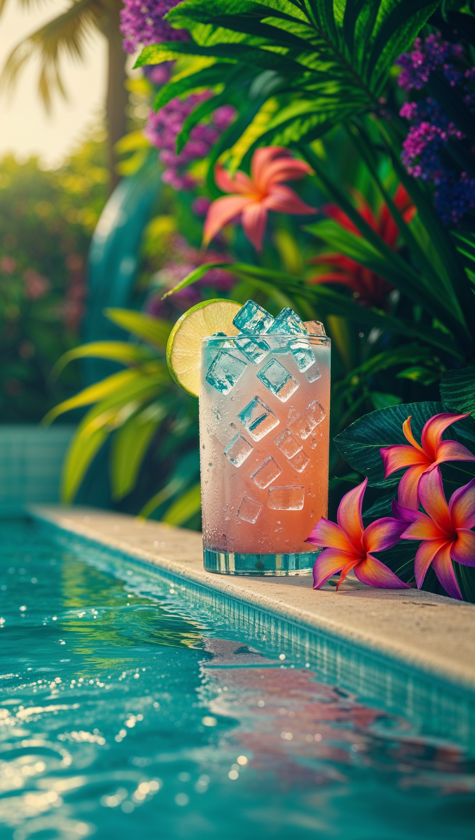 August iPhone wallpaper of a cold drink by the pool with glistening ice