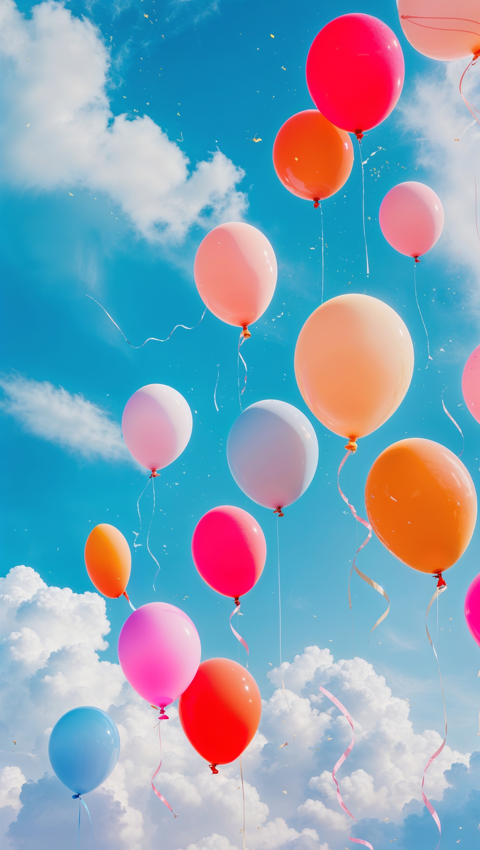 August iPhone wallpaper with a clear sky, white clouds, and colorful balloons