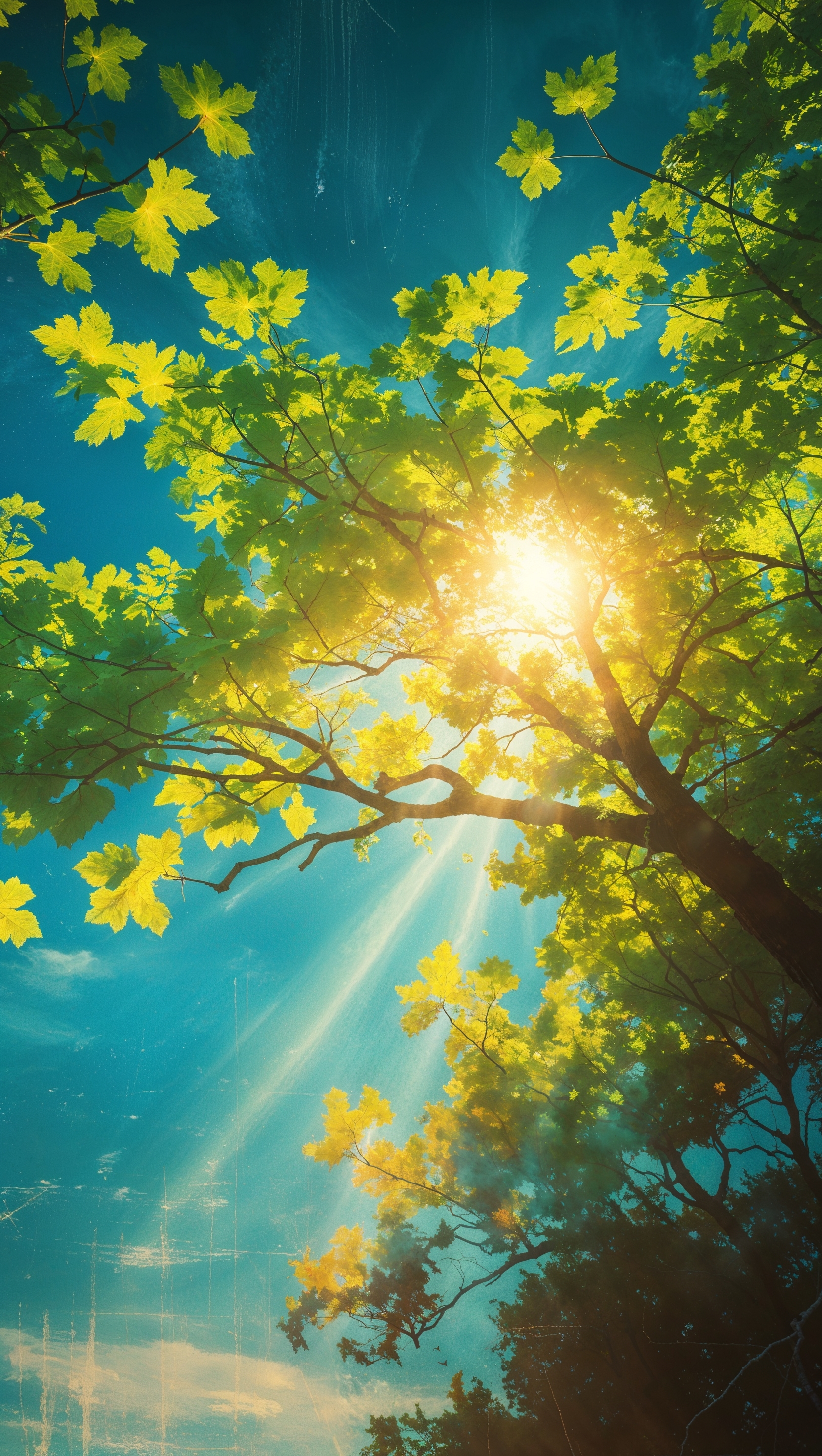 August iPhone wallpaper of sunlight streaming through tree leaves