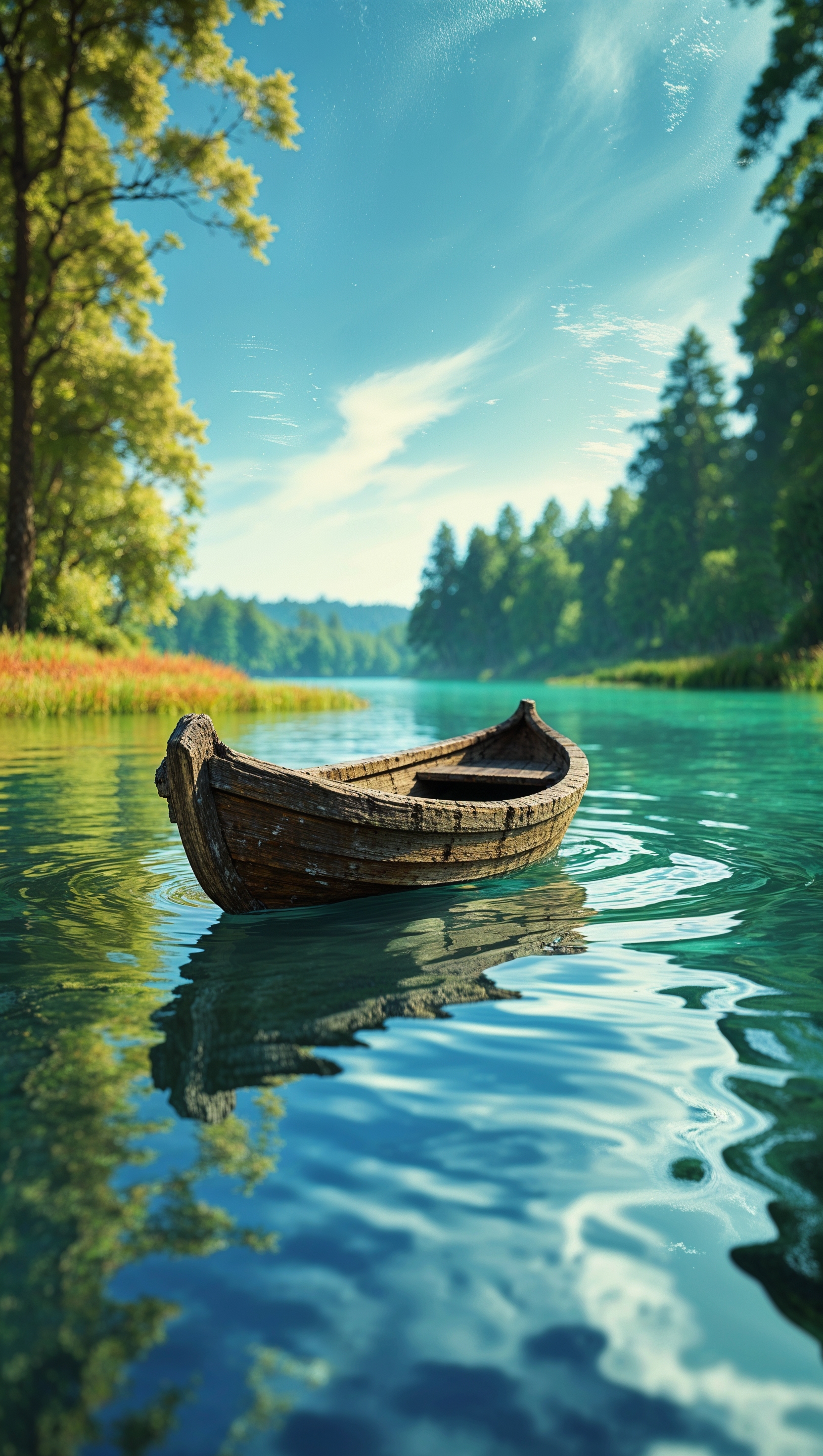 August iPhone wallpaper of a small boat floating on a calm lake