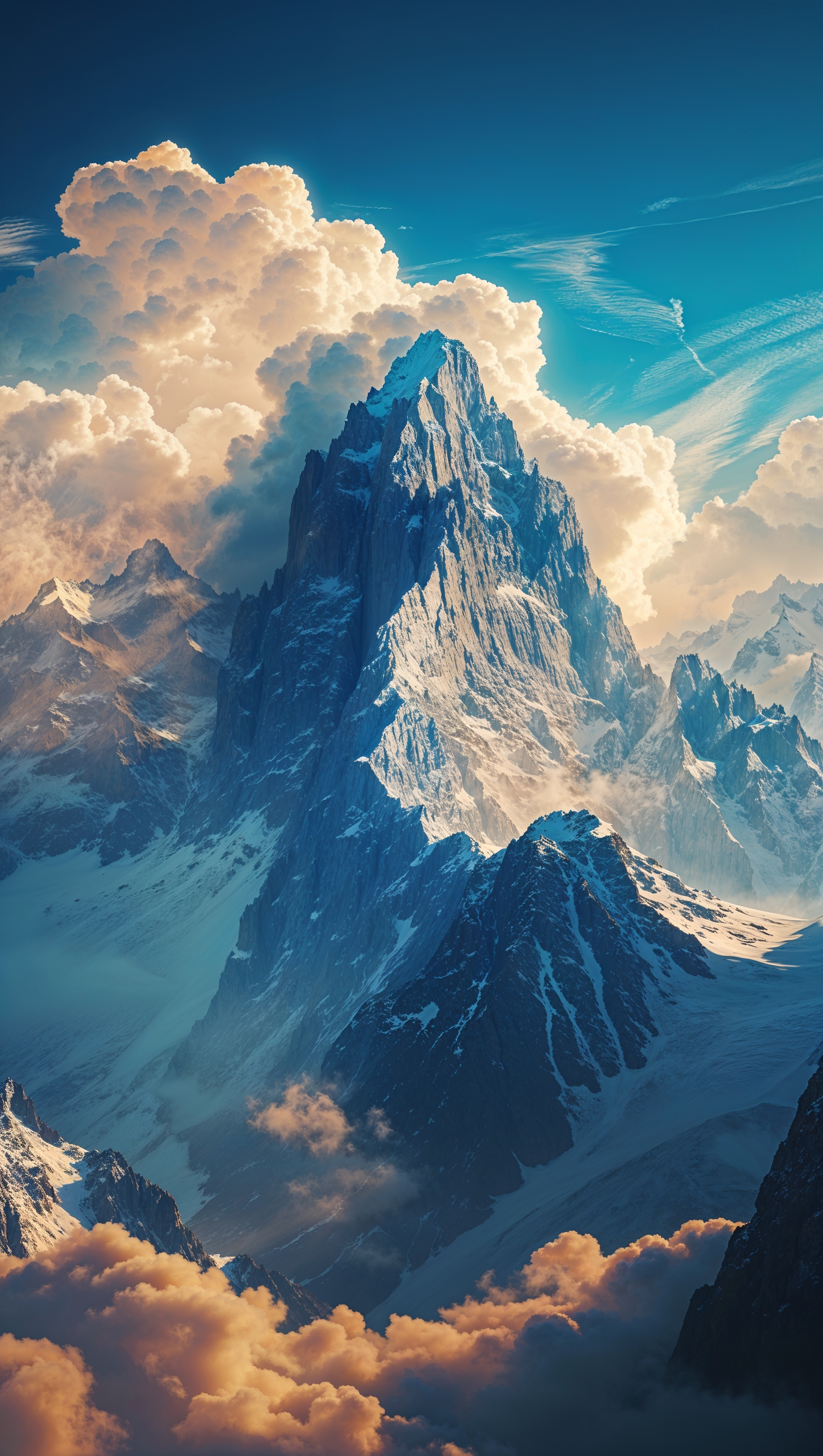 August iPhone wallpaper featuring tall mountains with clouds covering their peaks