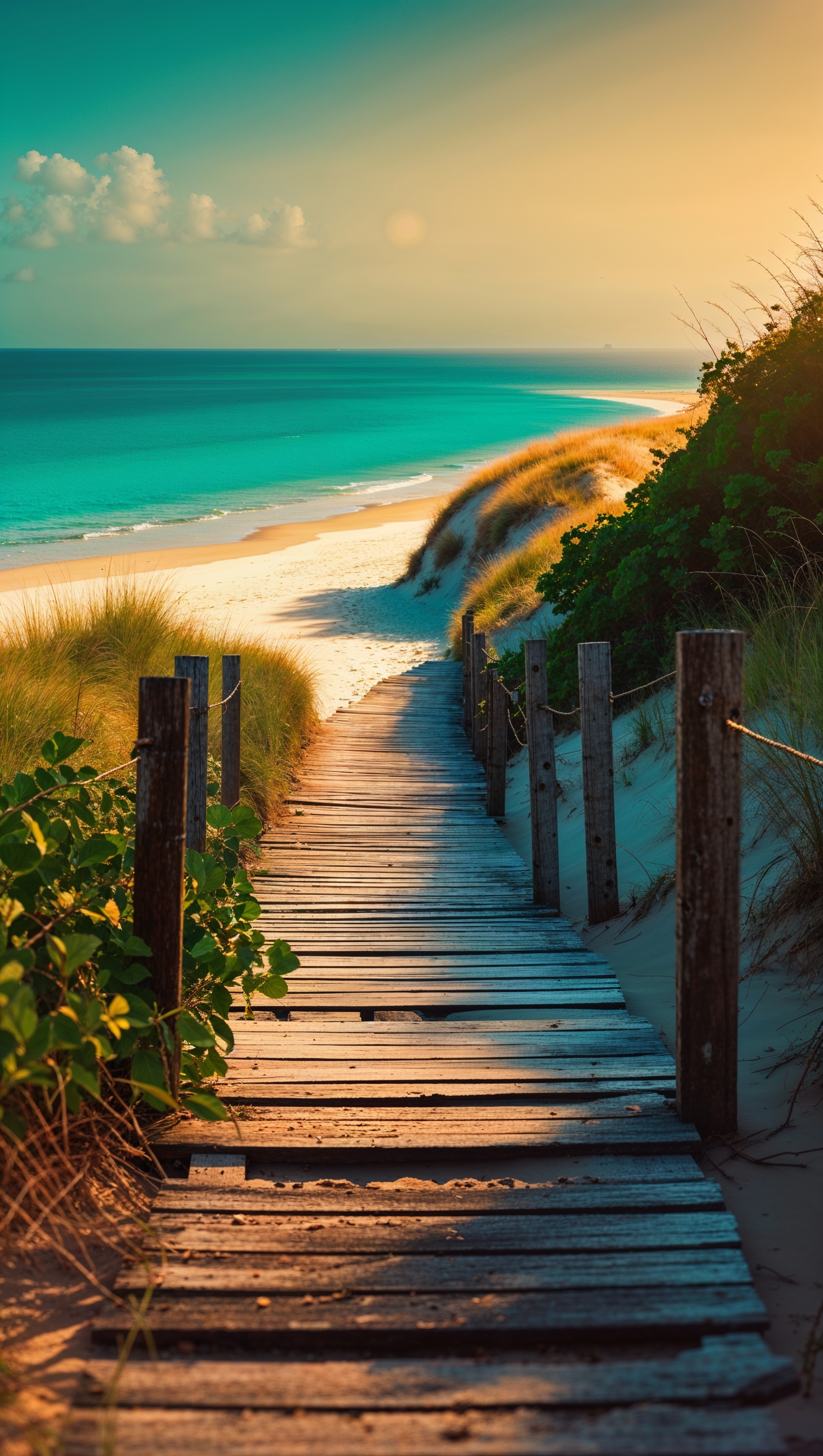 August iPhone wallpaper of a wooden beach path leading to the sea