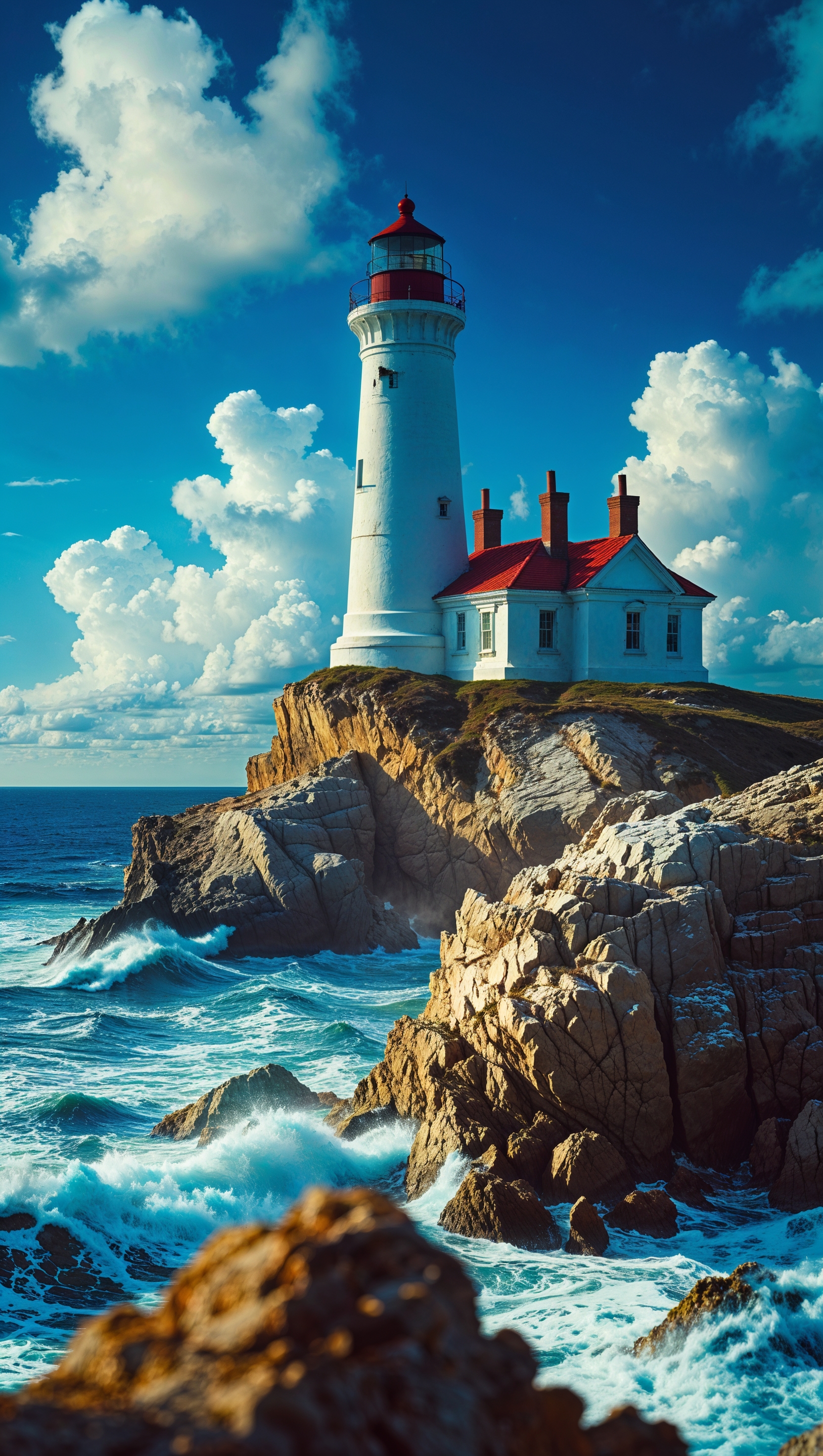 August iPhone wallpaper featuring a lighthouse on a rocky cliff with a blue sky