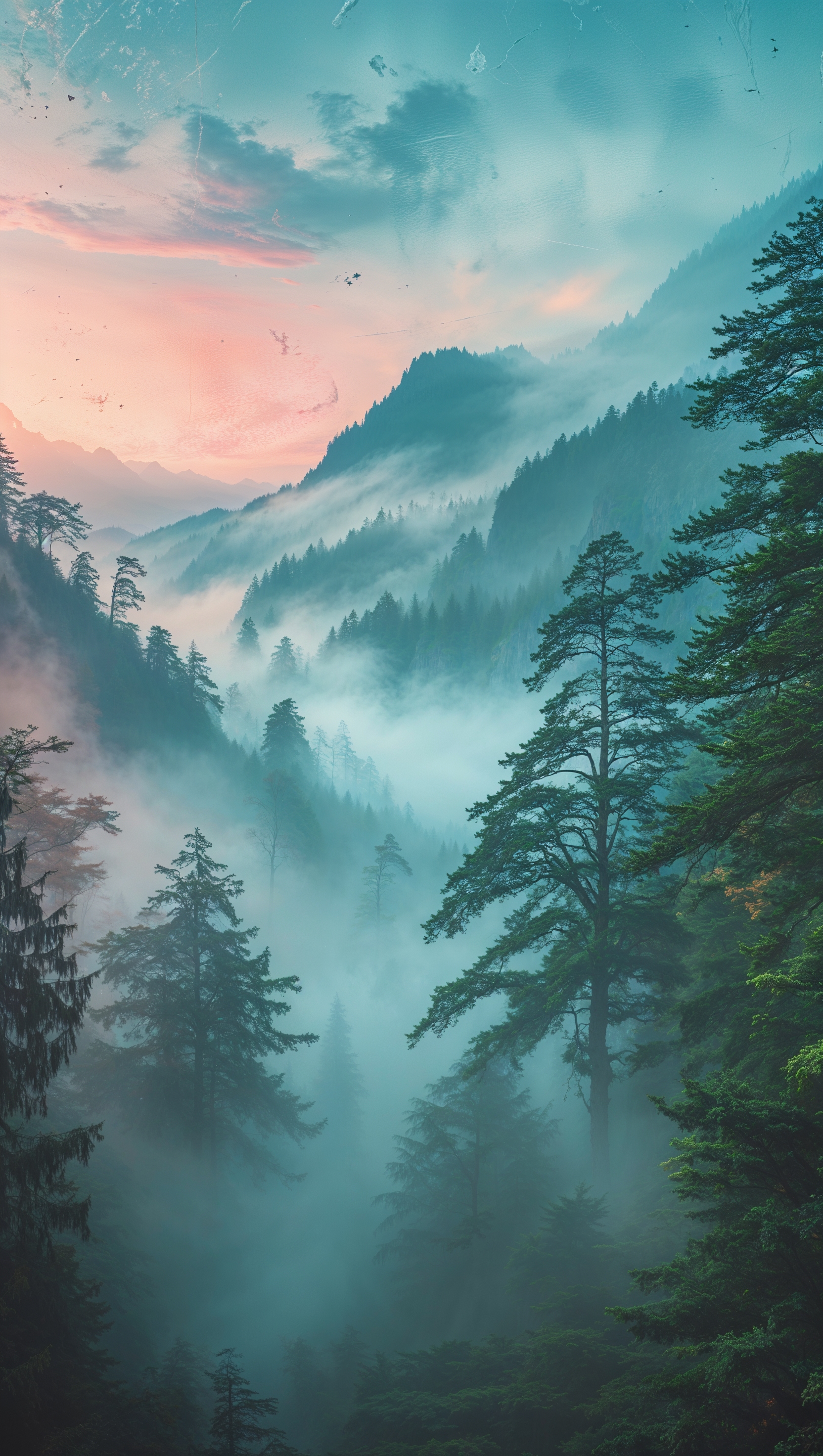 August iPhone wallpaper featuring a misty mountain landscape in the early morning