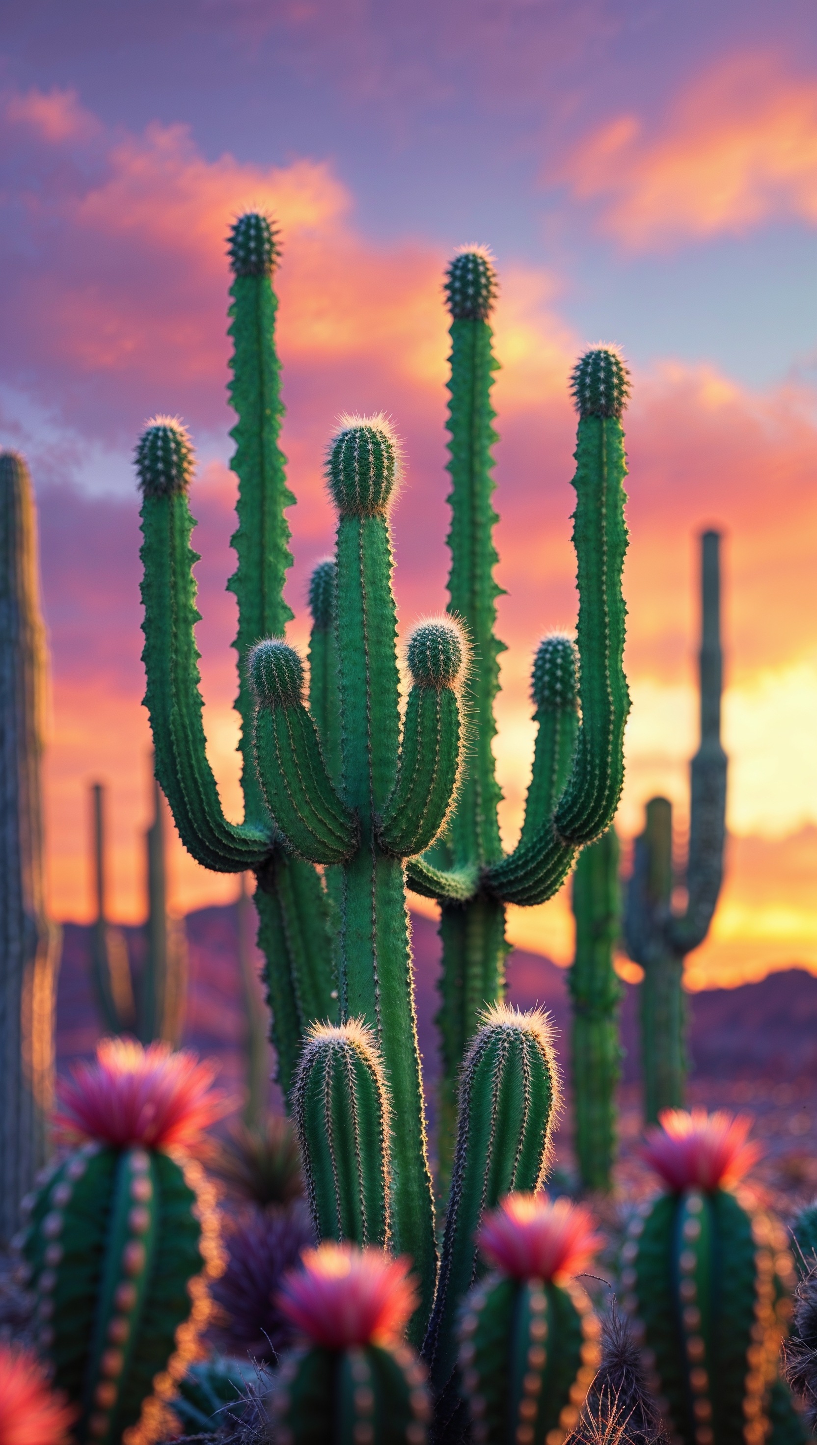 August iPhone wallpaper with green cacti against a warm sunset background