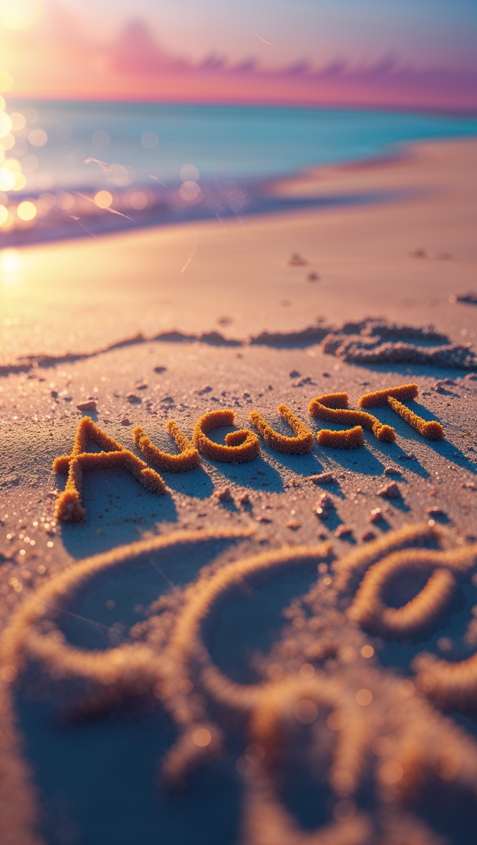 August iPhone wallpaper with handwritten "August" on sandy beach