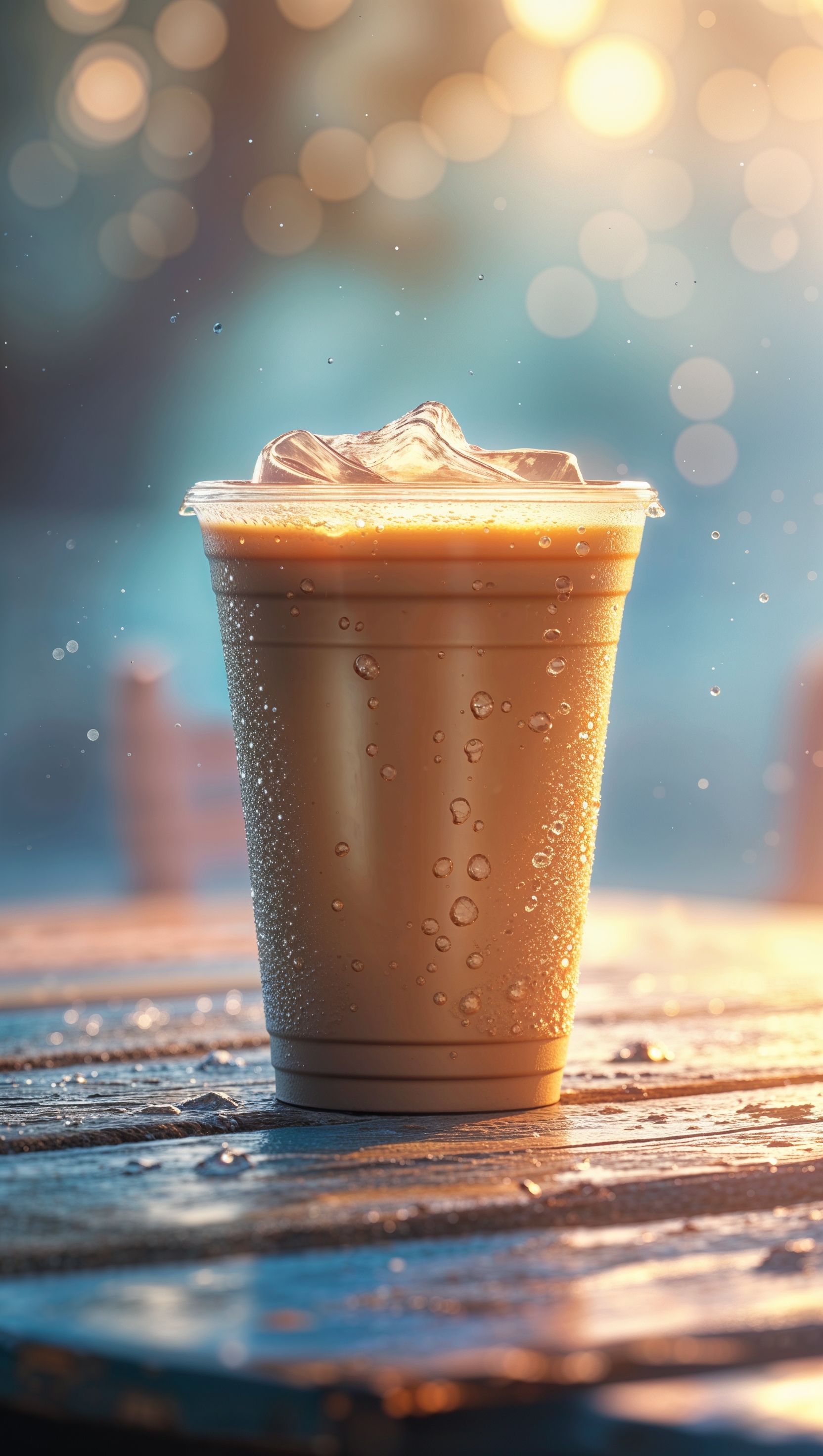 August iPhone wallpaper of an iced coffee cup on an outdoor wooden table