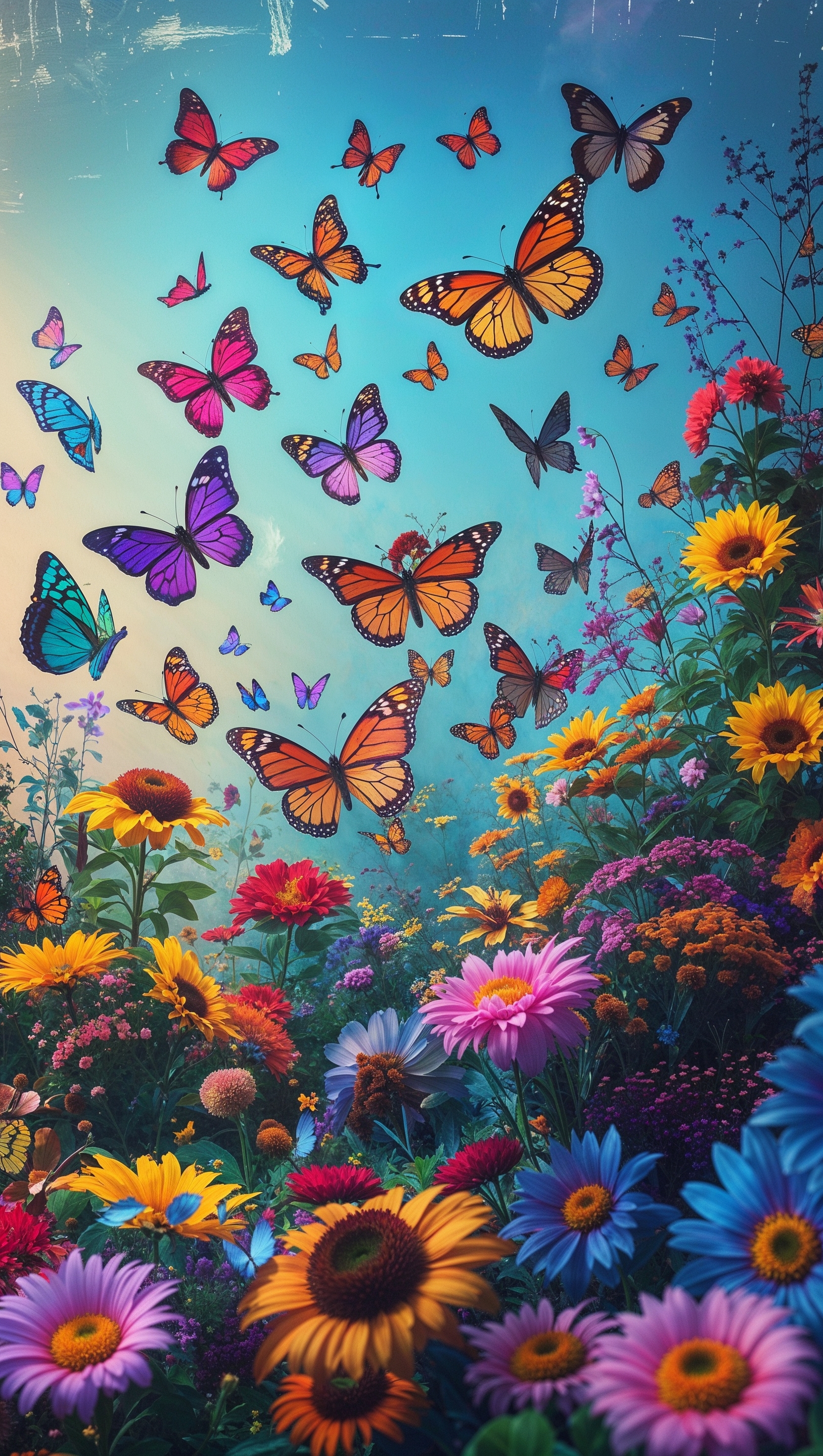 August iPhone wallpaper with colorful butterflies in a flower-filled garden