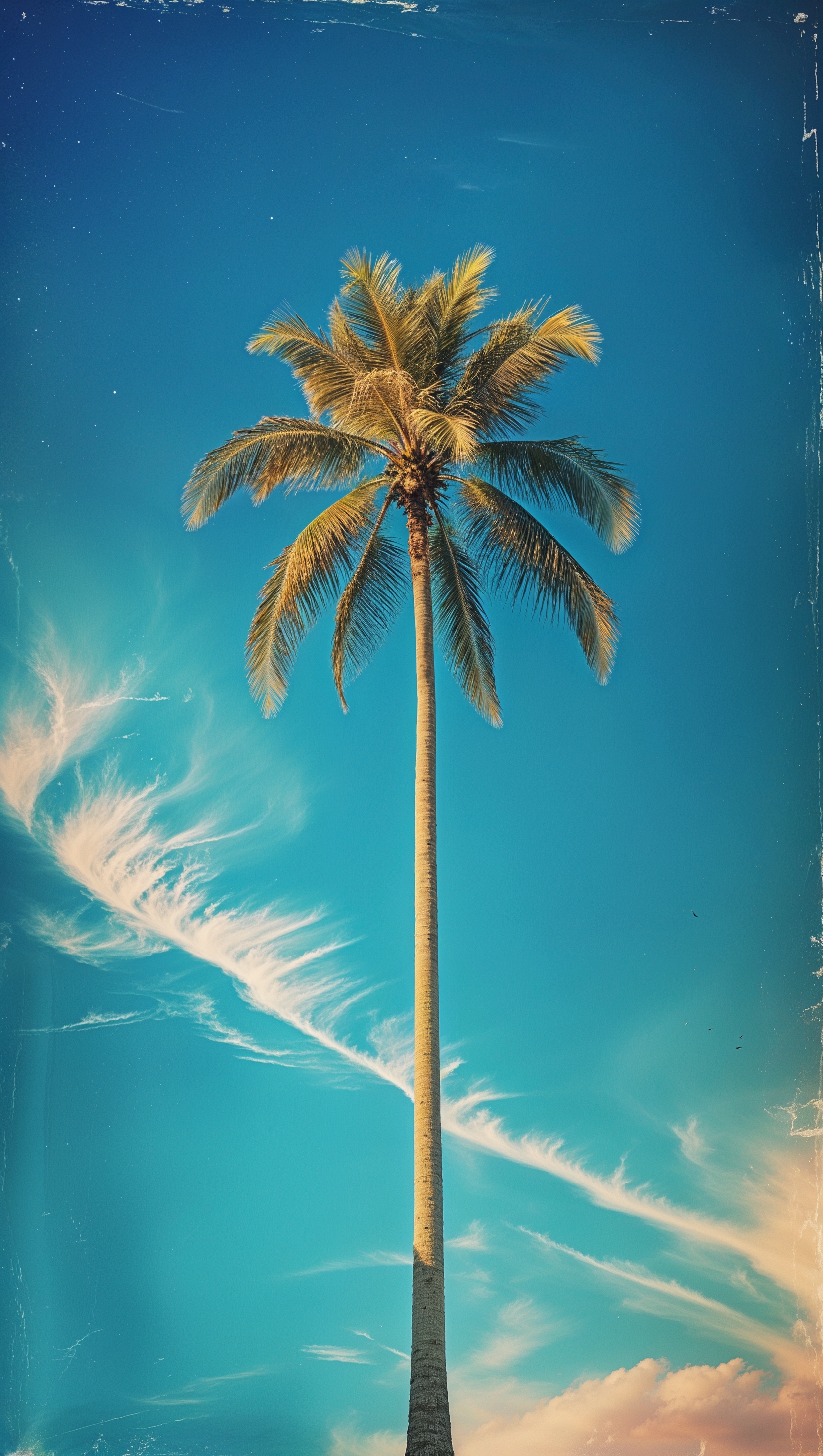 August iPhone wallpaper featuring a tall palm tree against a bright blue sky