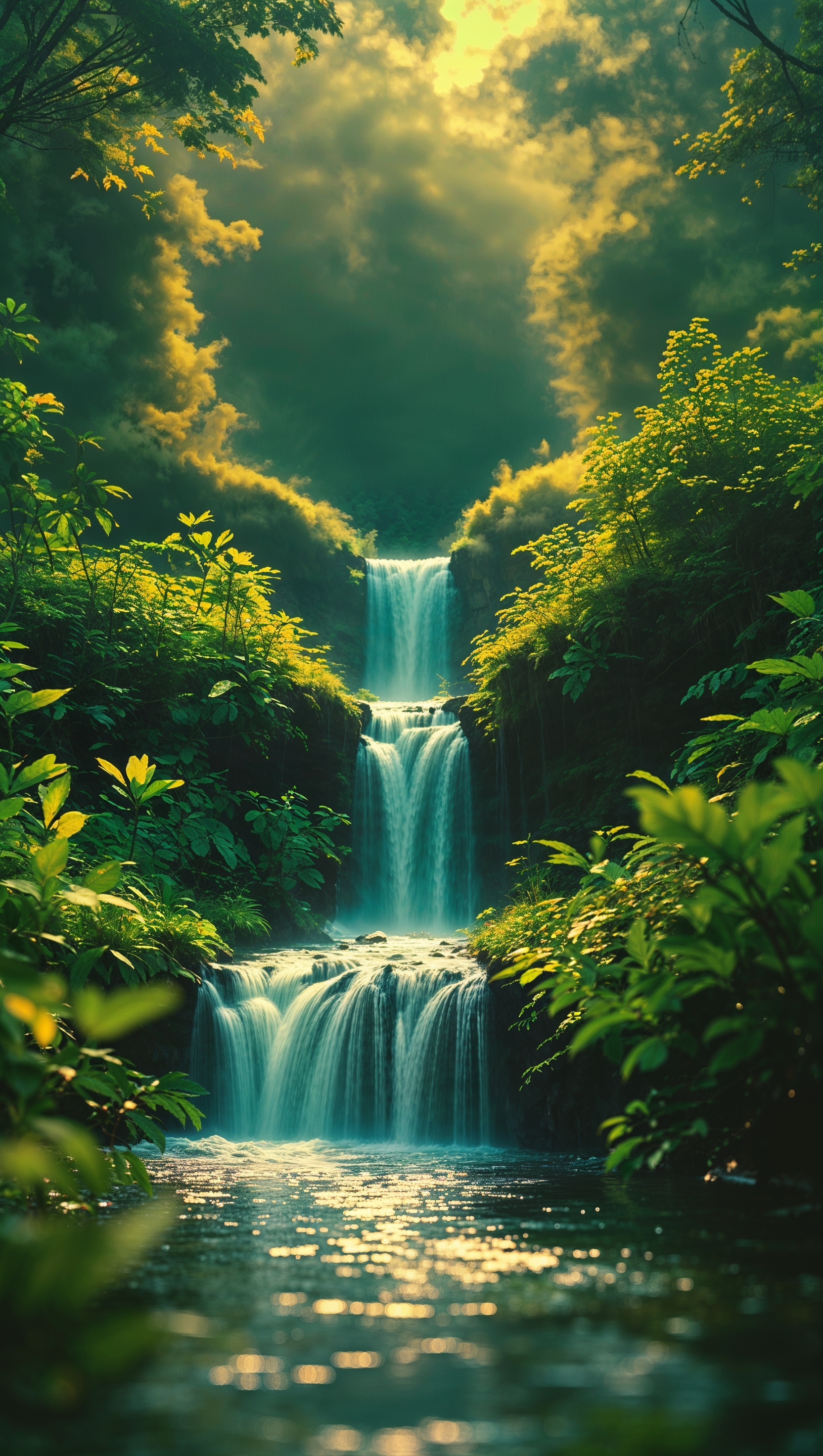 August iPhone wallpaper of a small waterfall in a lush green forest