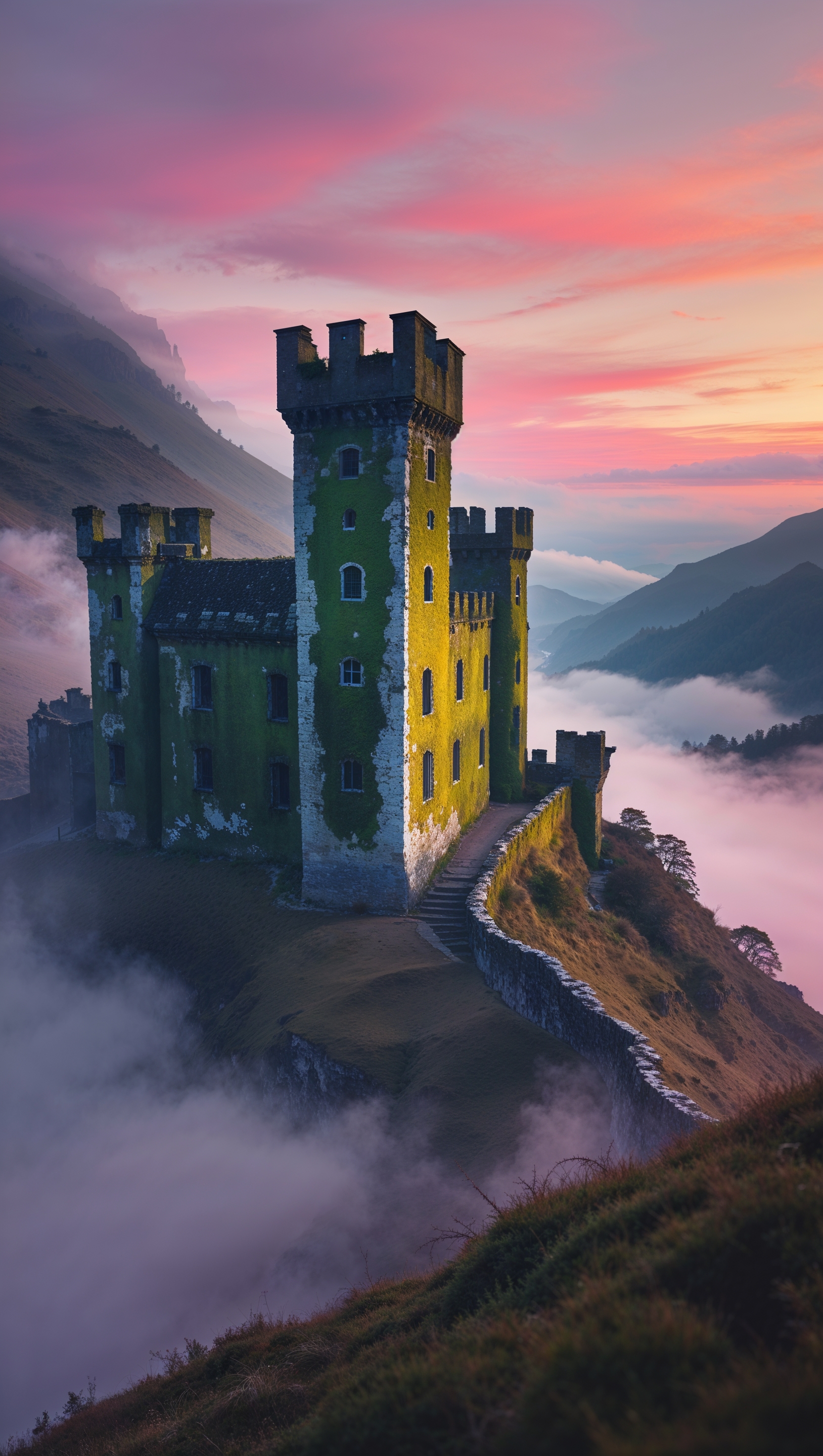 August iPhone wallpaper featuring an old castle on a misty mountain slope