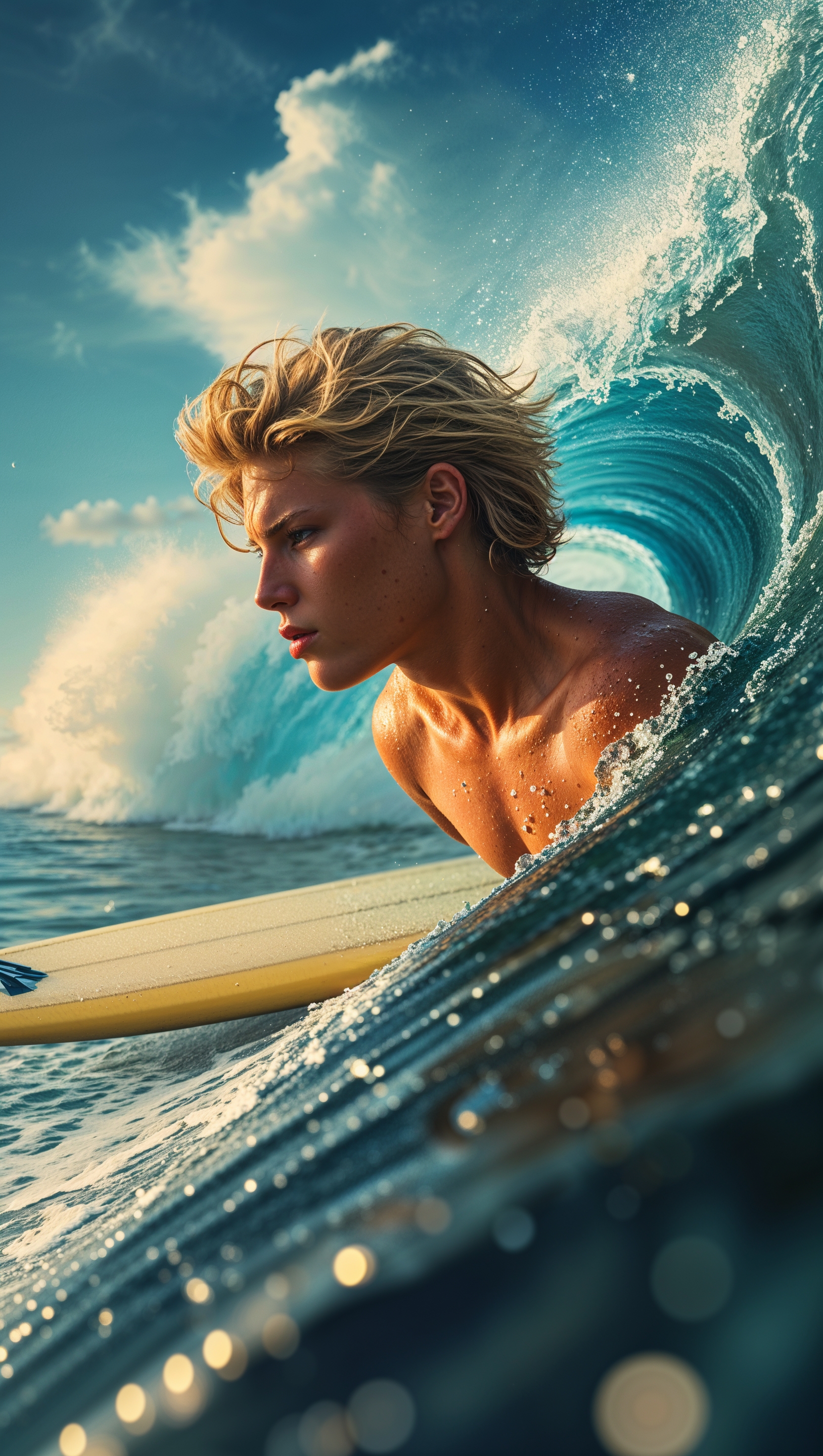 August iPhone wallpaper of a surfer riding the blue waves