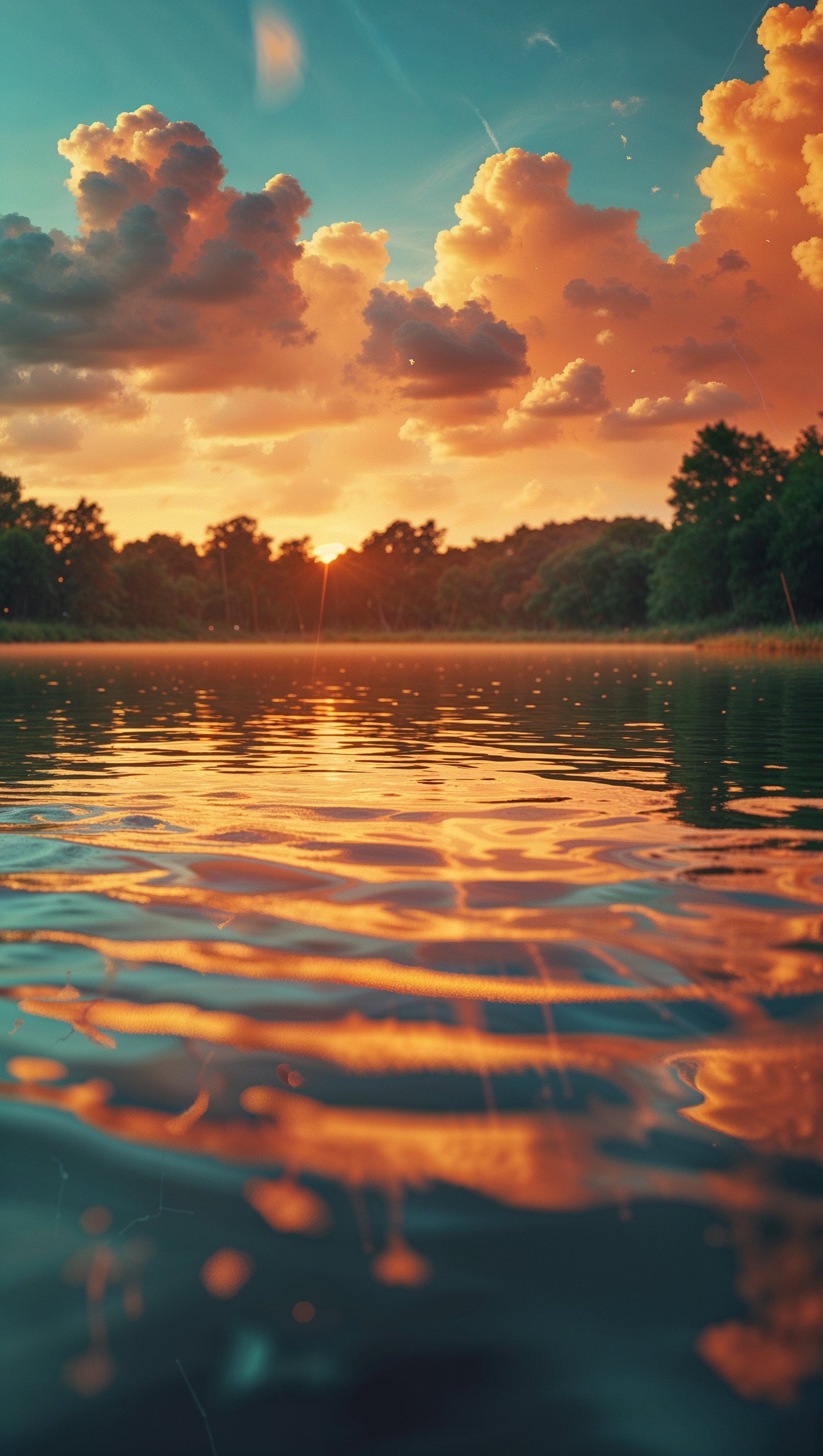 August iPhone wallpaper of a peaceful lake reflecting an orange summer sky