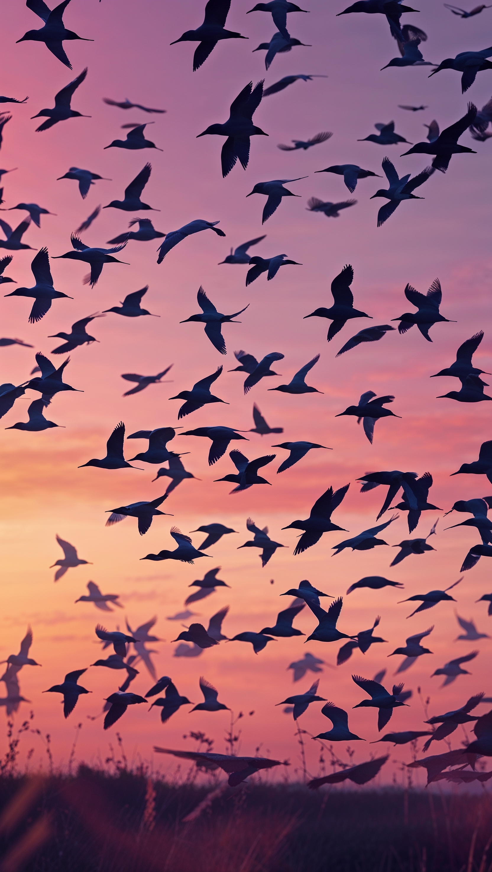 August iPhone wallpaper of migrating birds flying in the sunset sky
