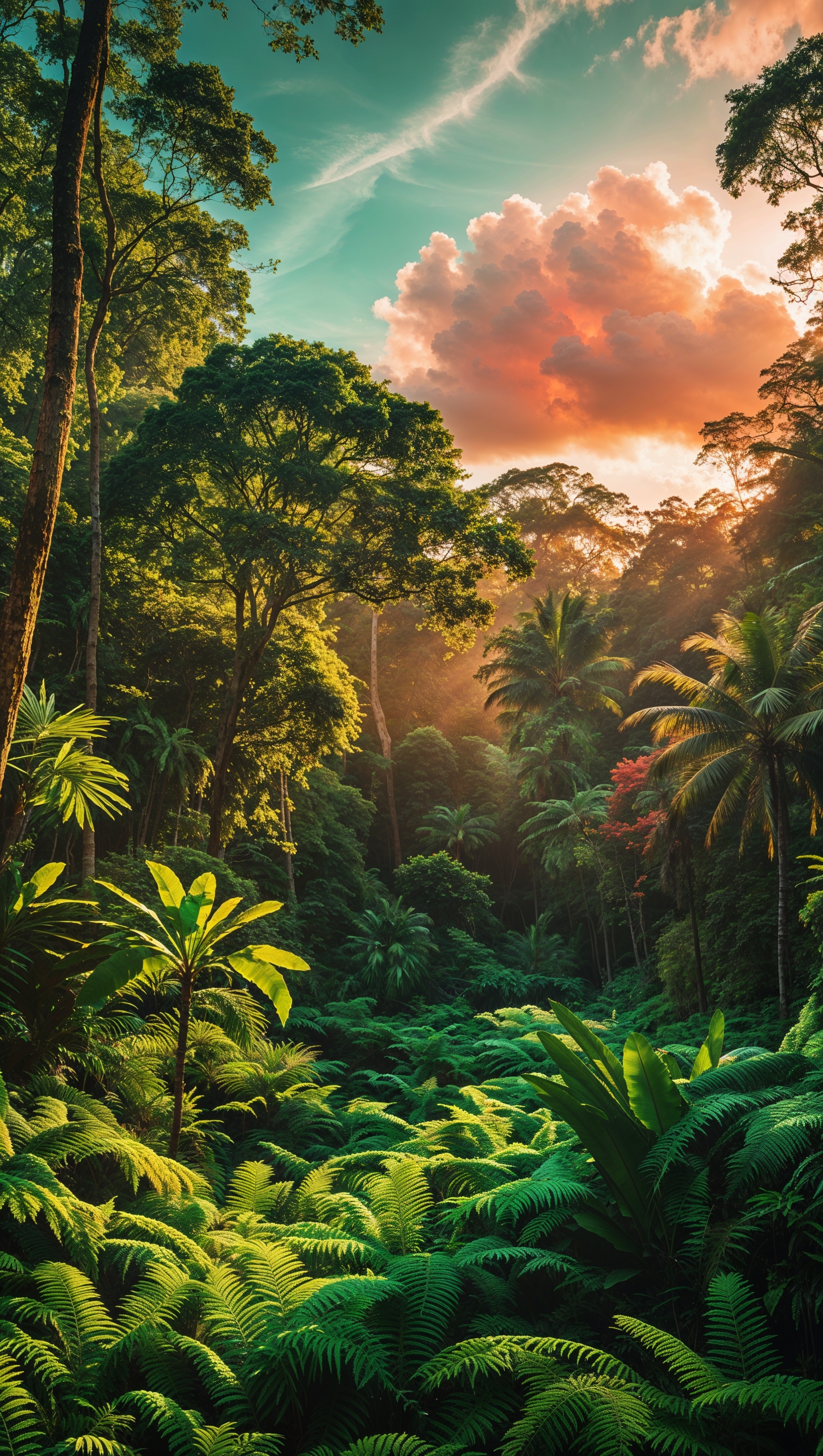 August iPhone wallpaper showcasing a tropical forest with golden sunlight