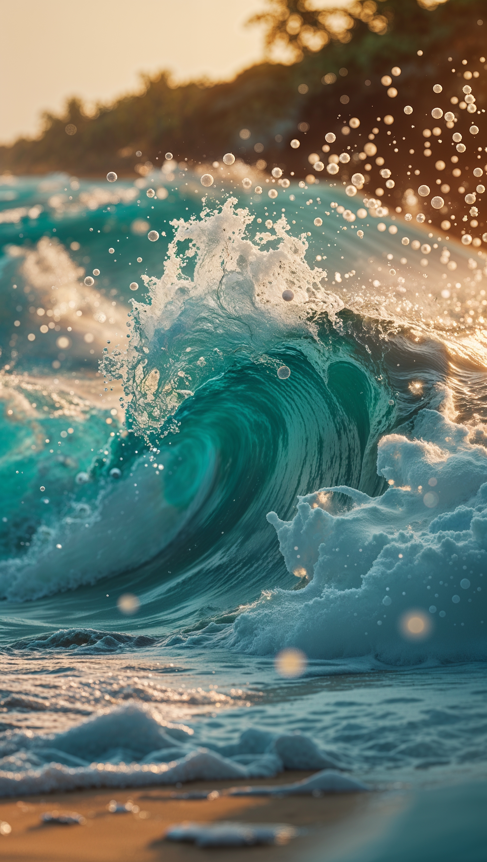 August iPhone wallpaper of ocean waves crashing on the sandy shore