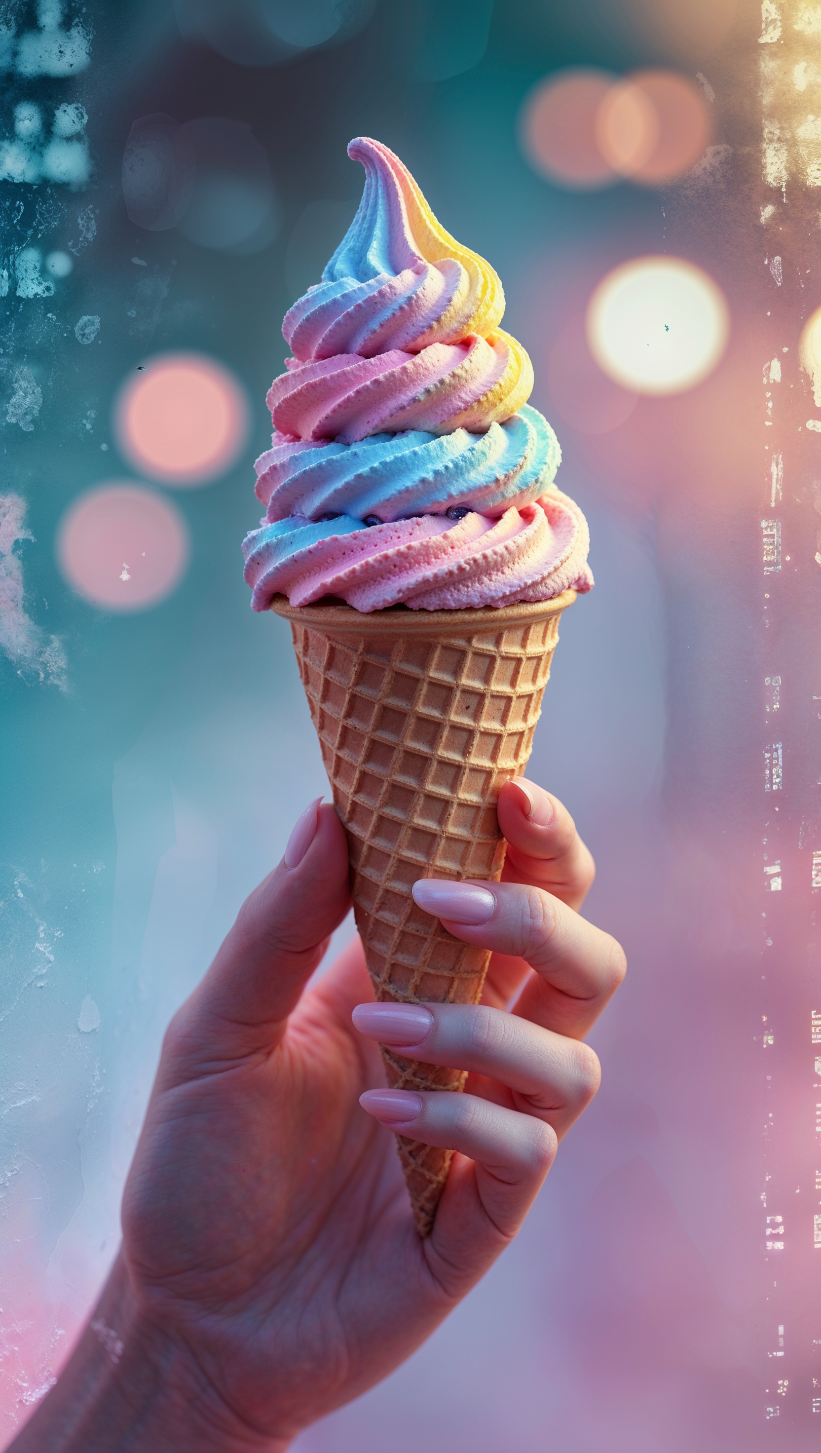 August iPhone wallpaper featuring a colorful ice cream cone in hand with a blurred background