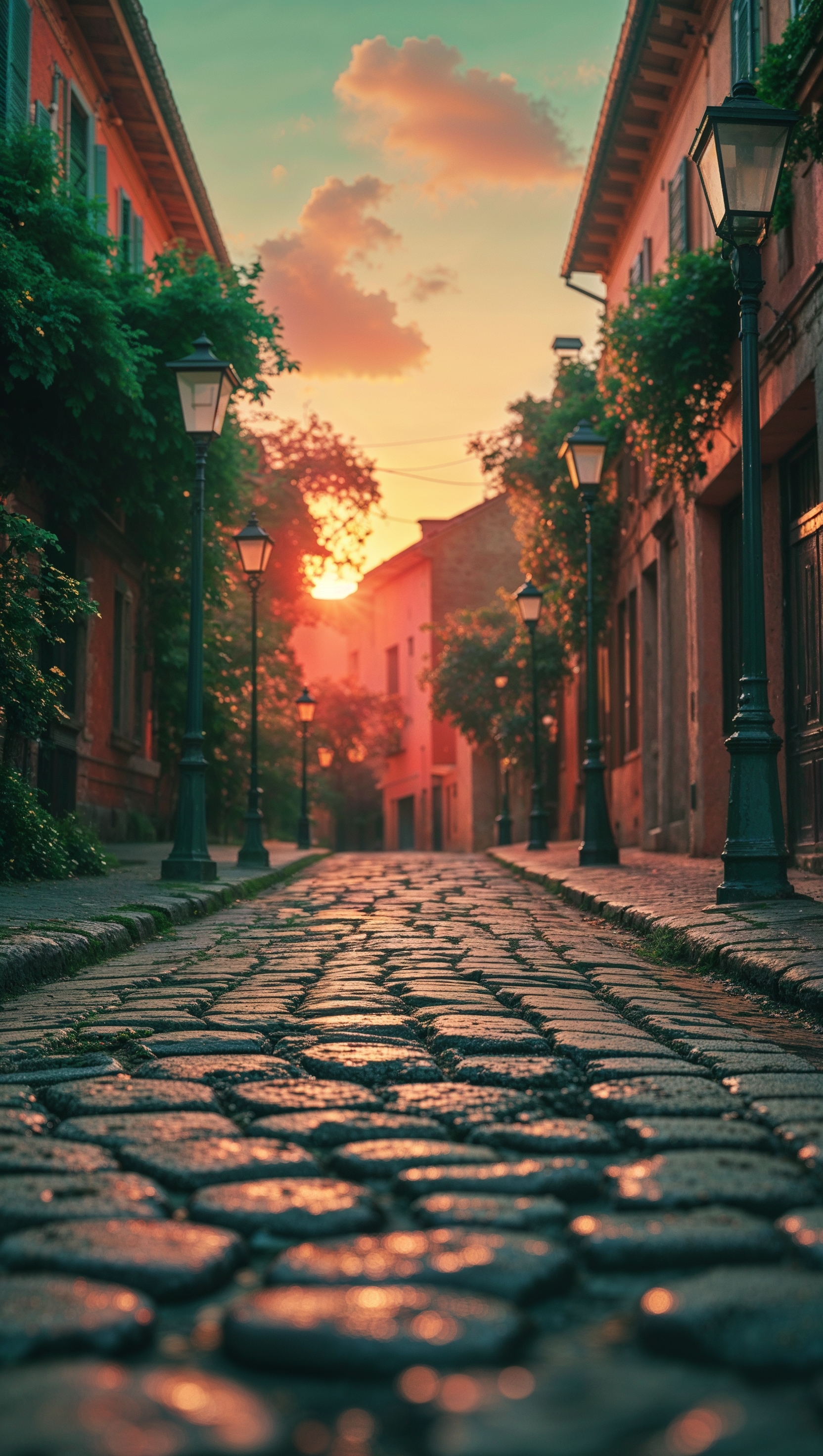 August iPhone wallpaper with a view of an old street in the summer sunset
