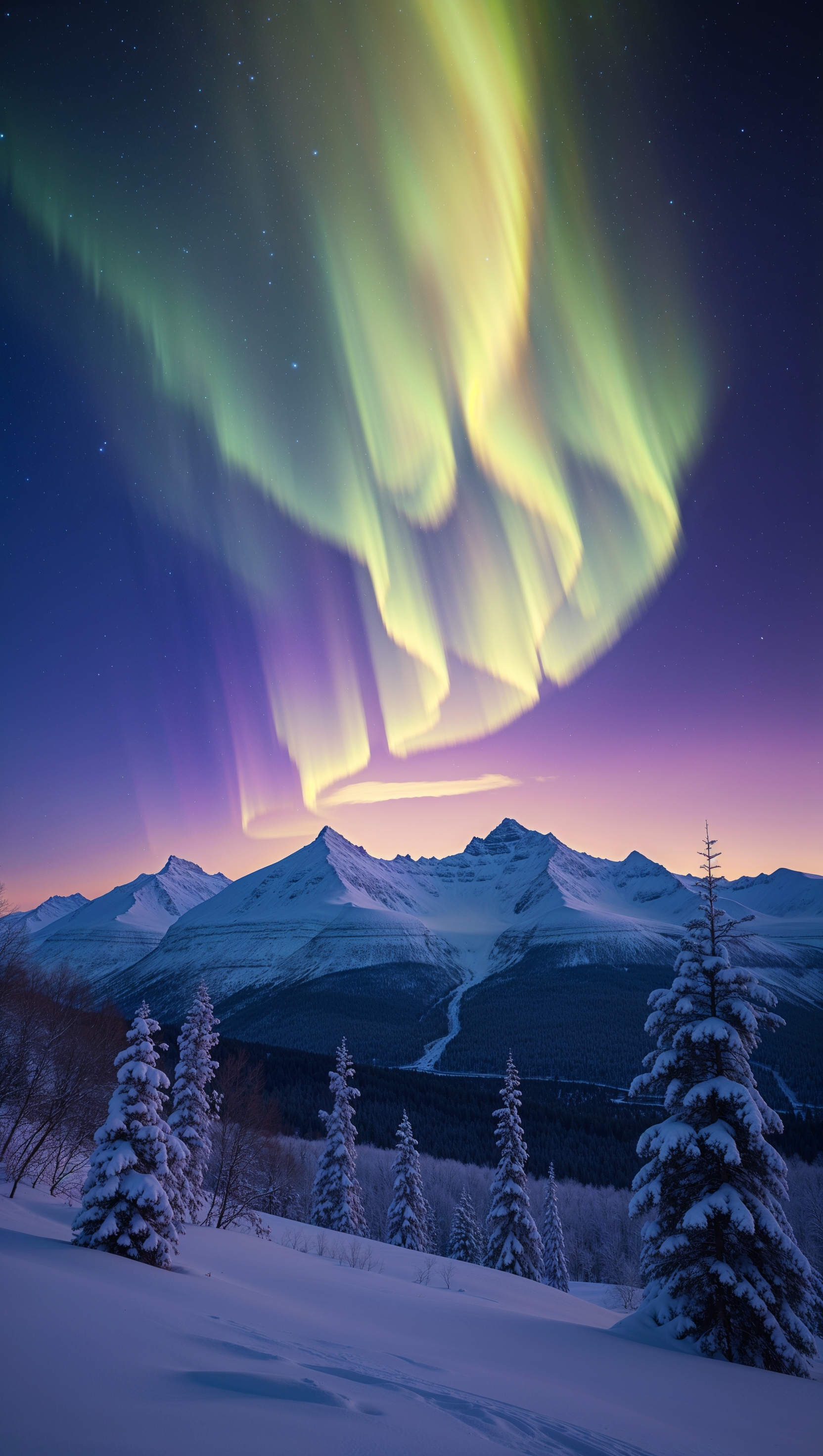The Aurora Borealis with yellow and orange hues above snow-covered mountains at night