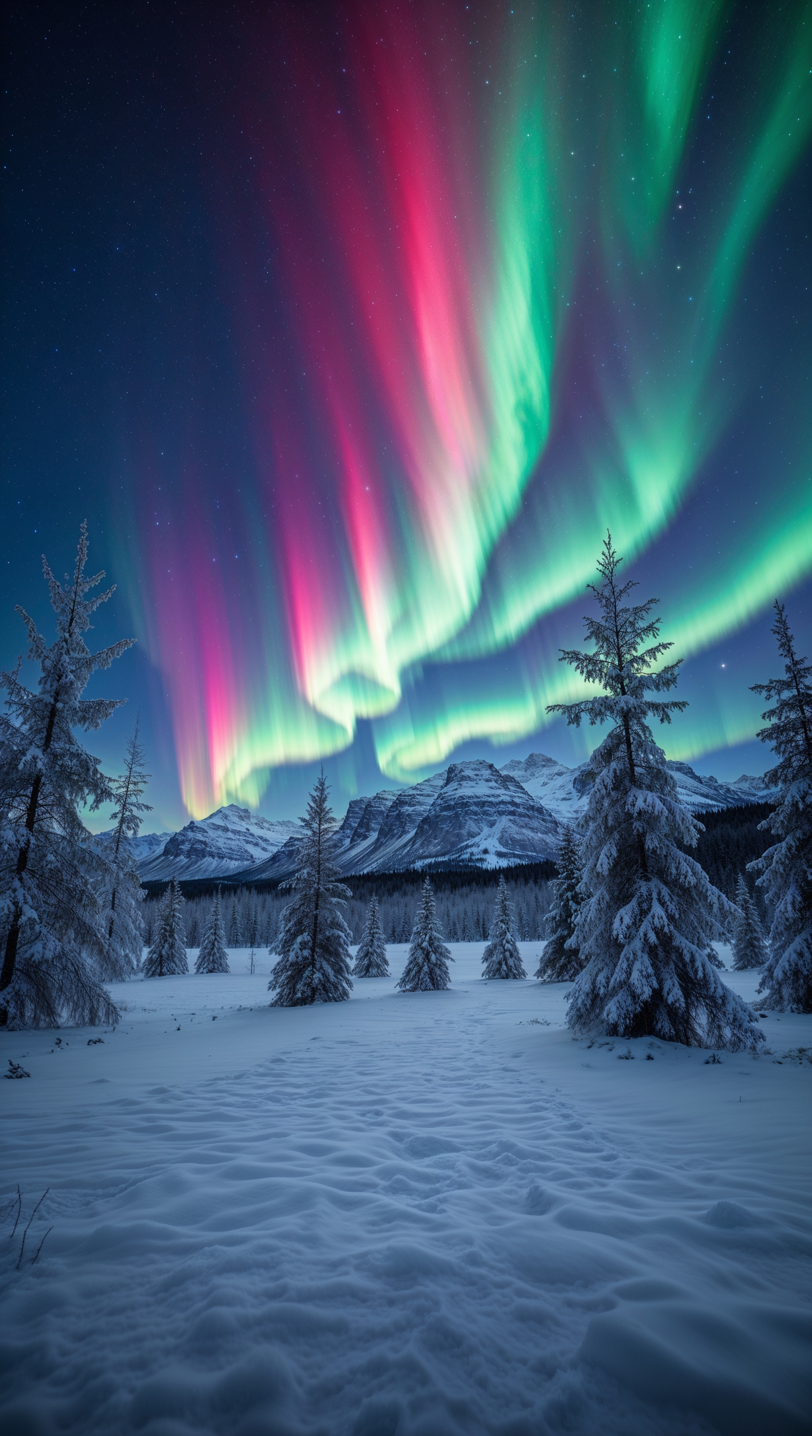 Aurora Borealis beside frosty trees and a wintery landscape