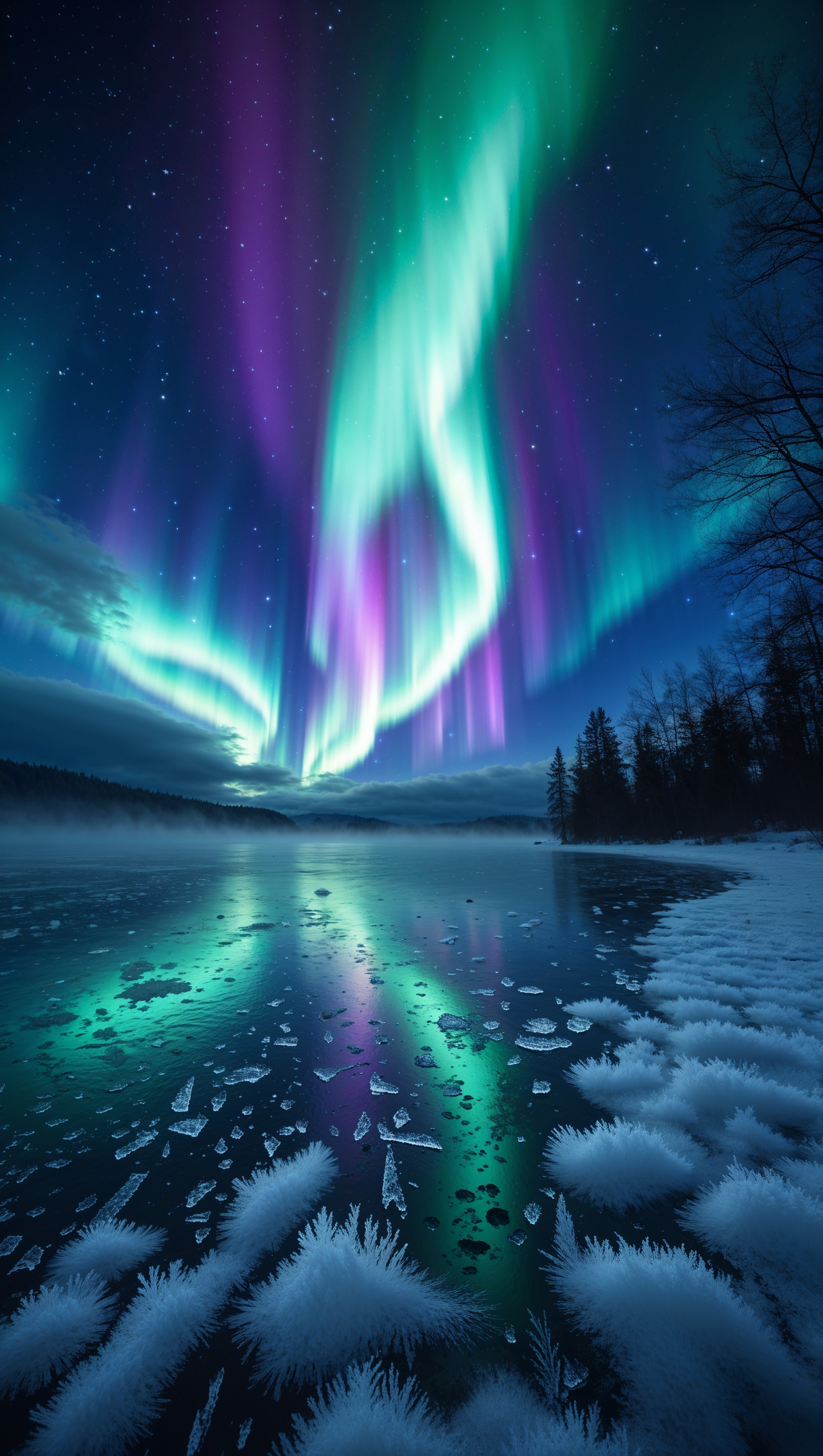 Aurora Borealis in the sky with a frozen lake in the foreground