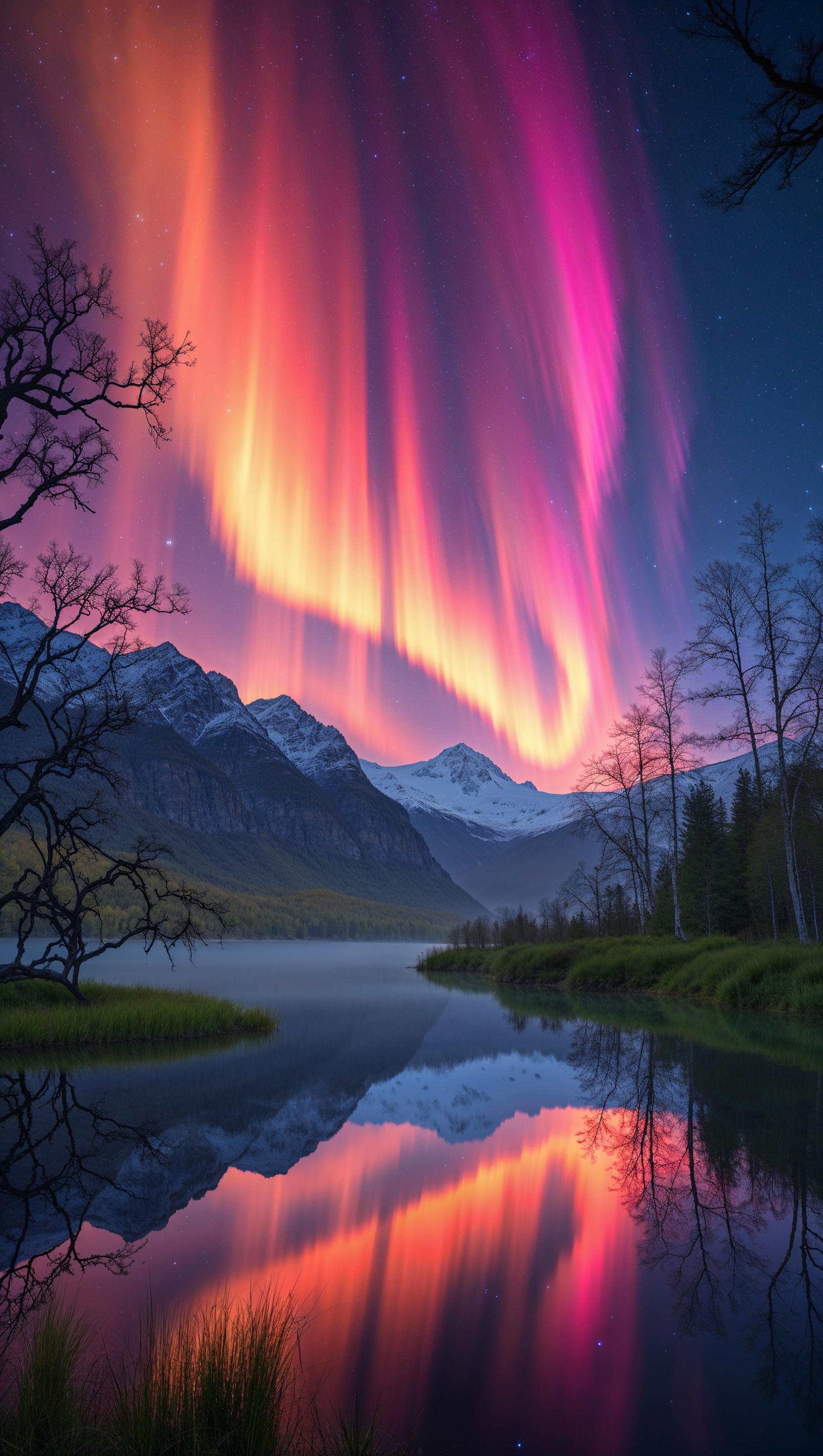 Aurora Borealis with vibrant warm colors above a calm lake