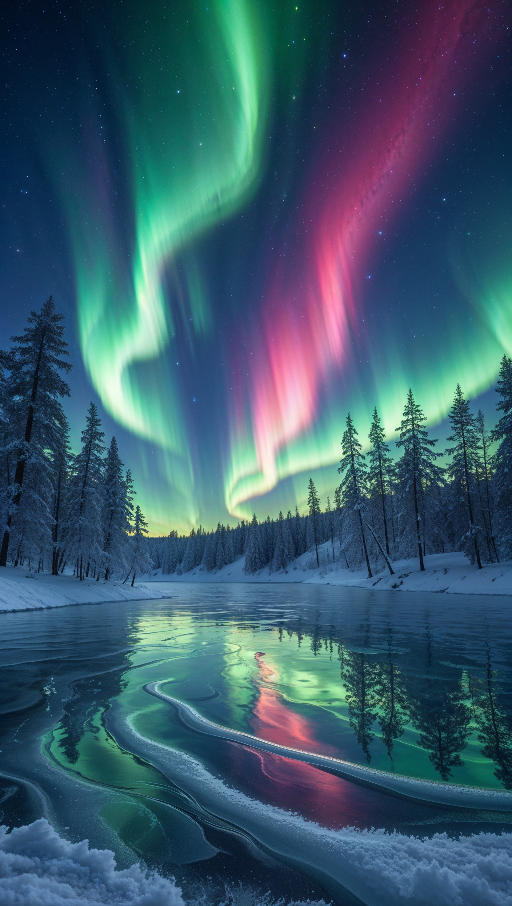 Aurora Borealis with colors reflecting on a frozen lake