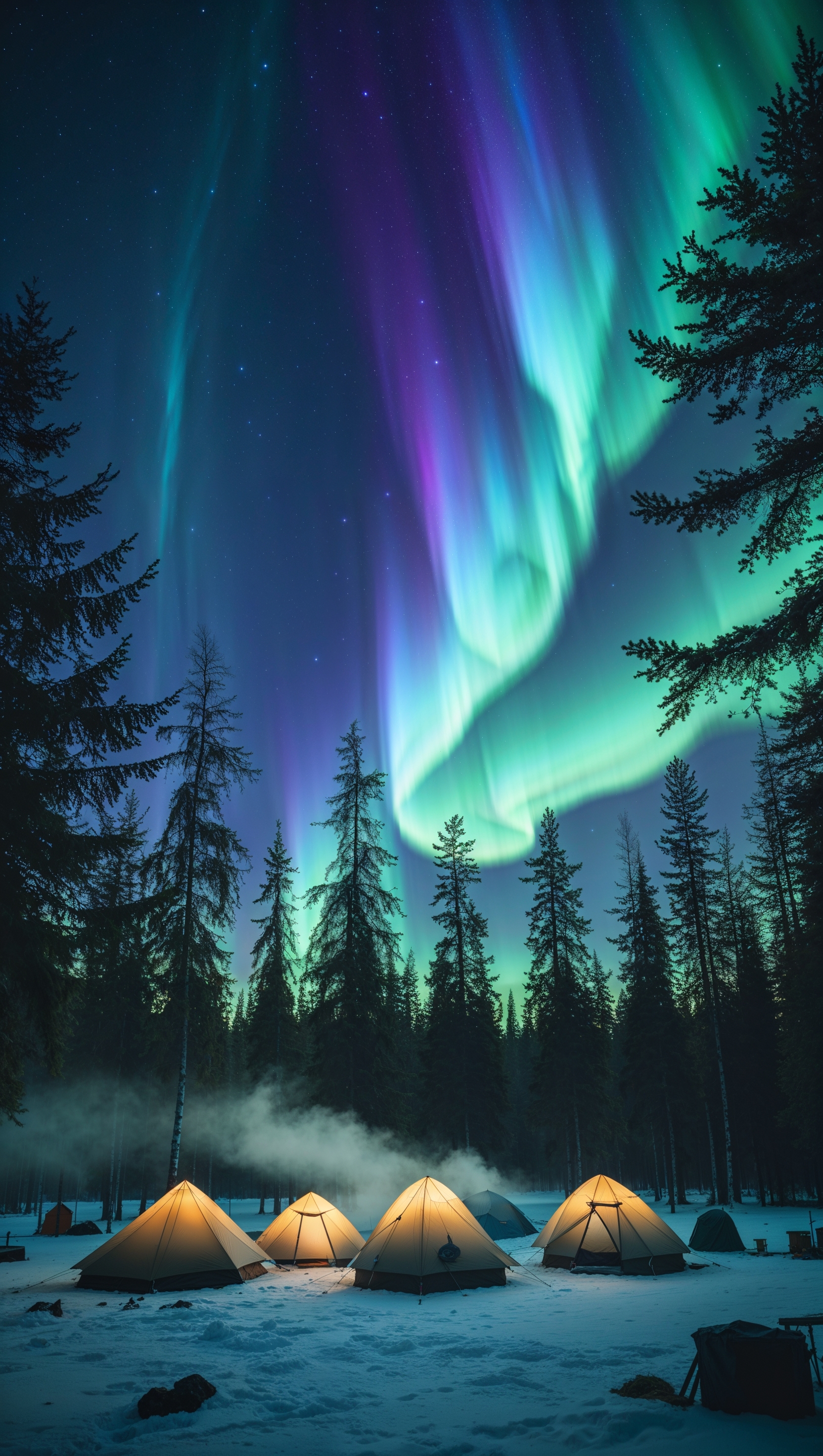Aurora Borealis beside tents set up for camping outdoors