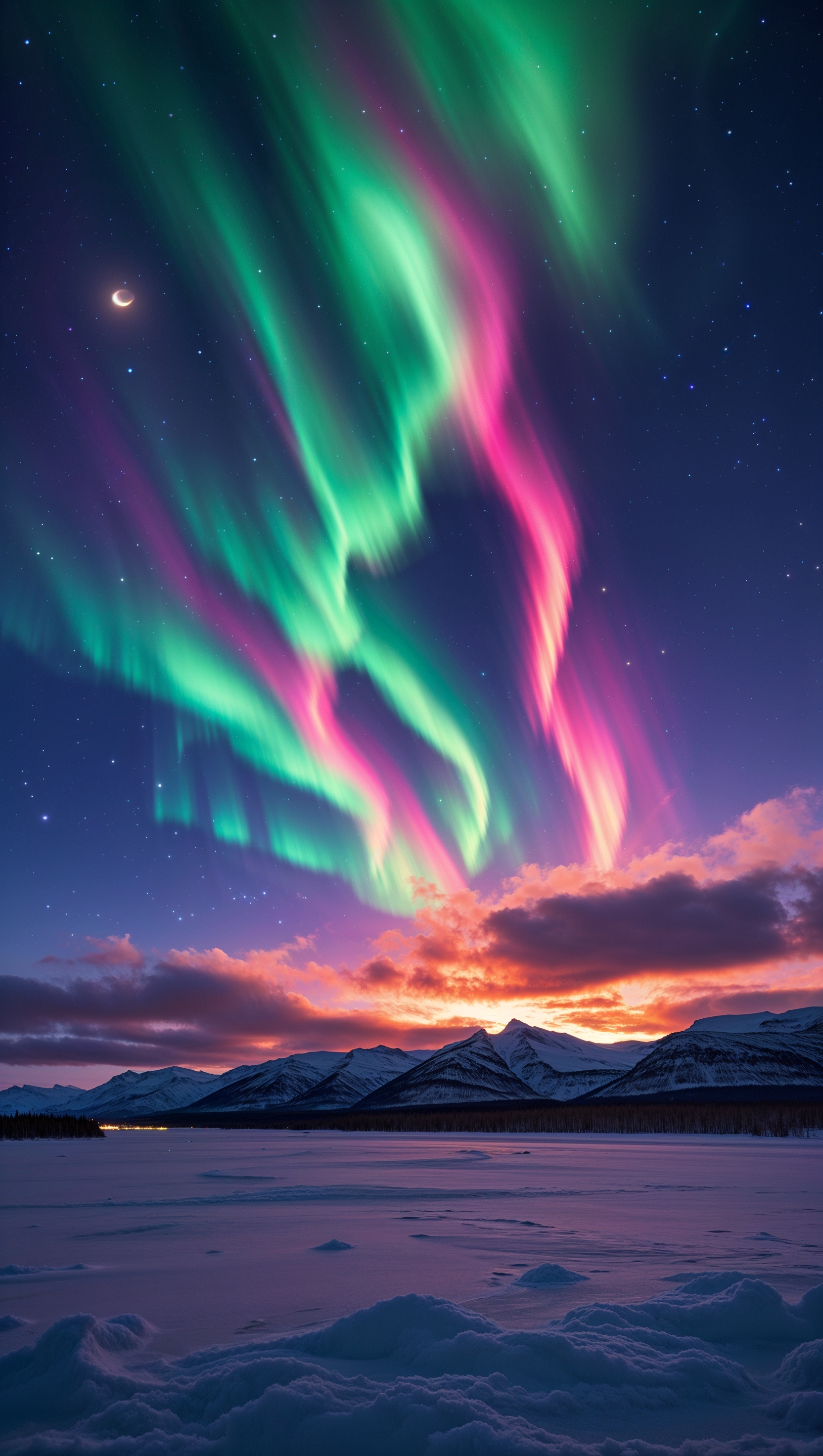 Aurora Borealis at night with various colors and bright lights