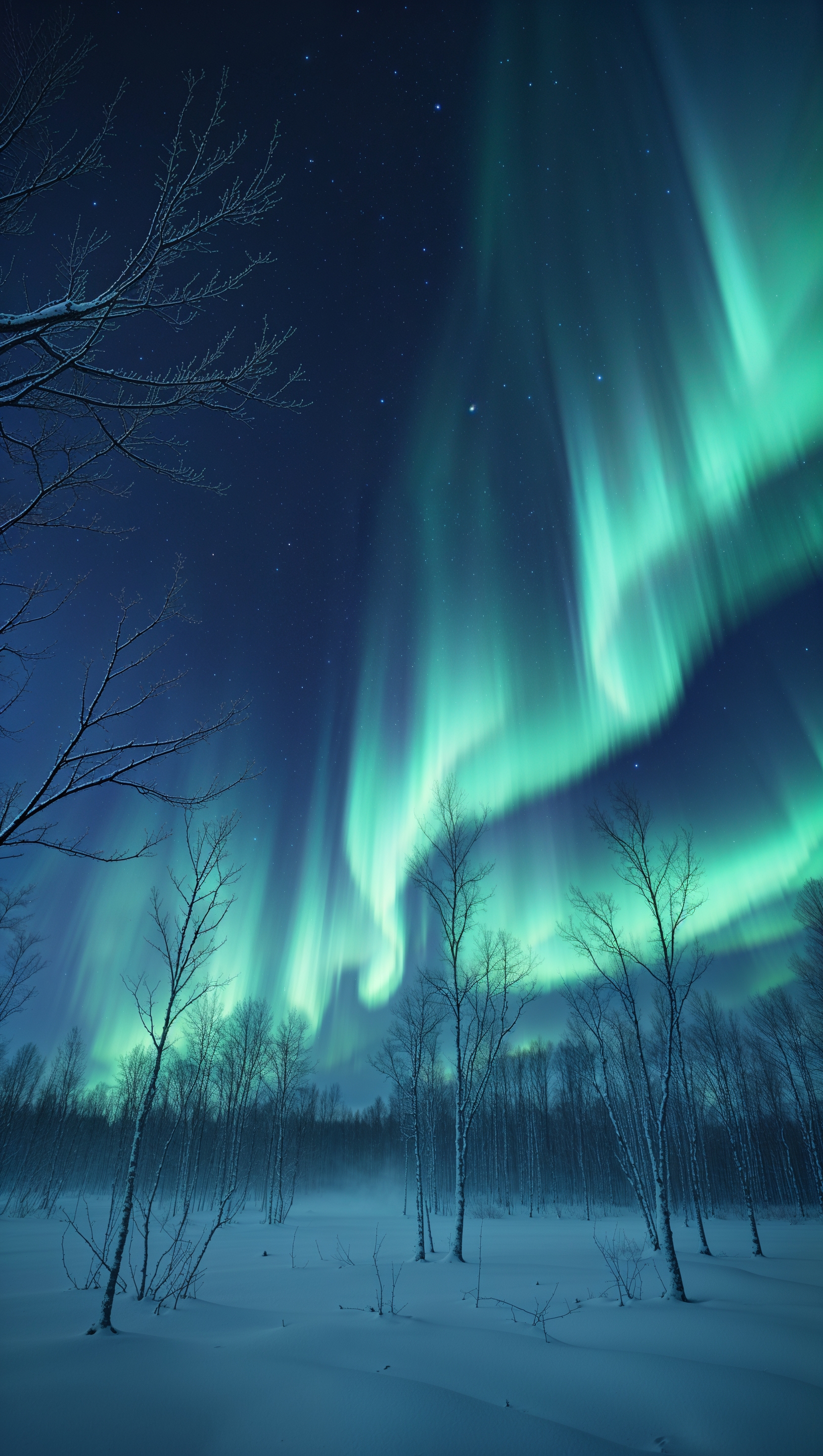 Aurora Borealis with sparse, winter trees in a cold night