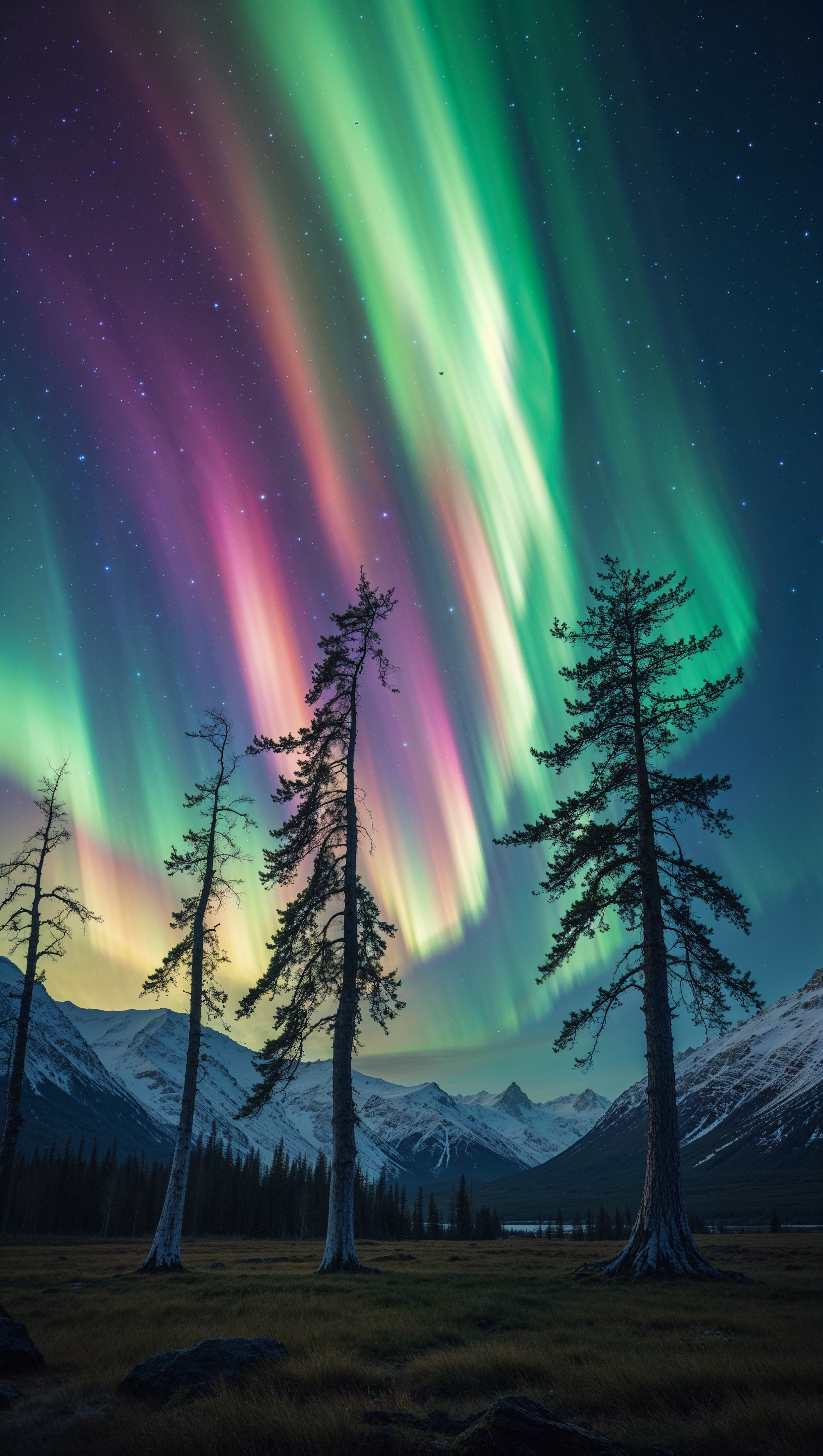 Aurora Borealis in an open space with colorful light over trees and mountains