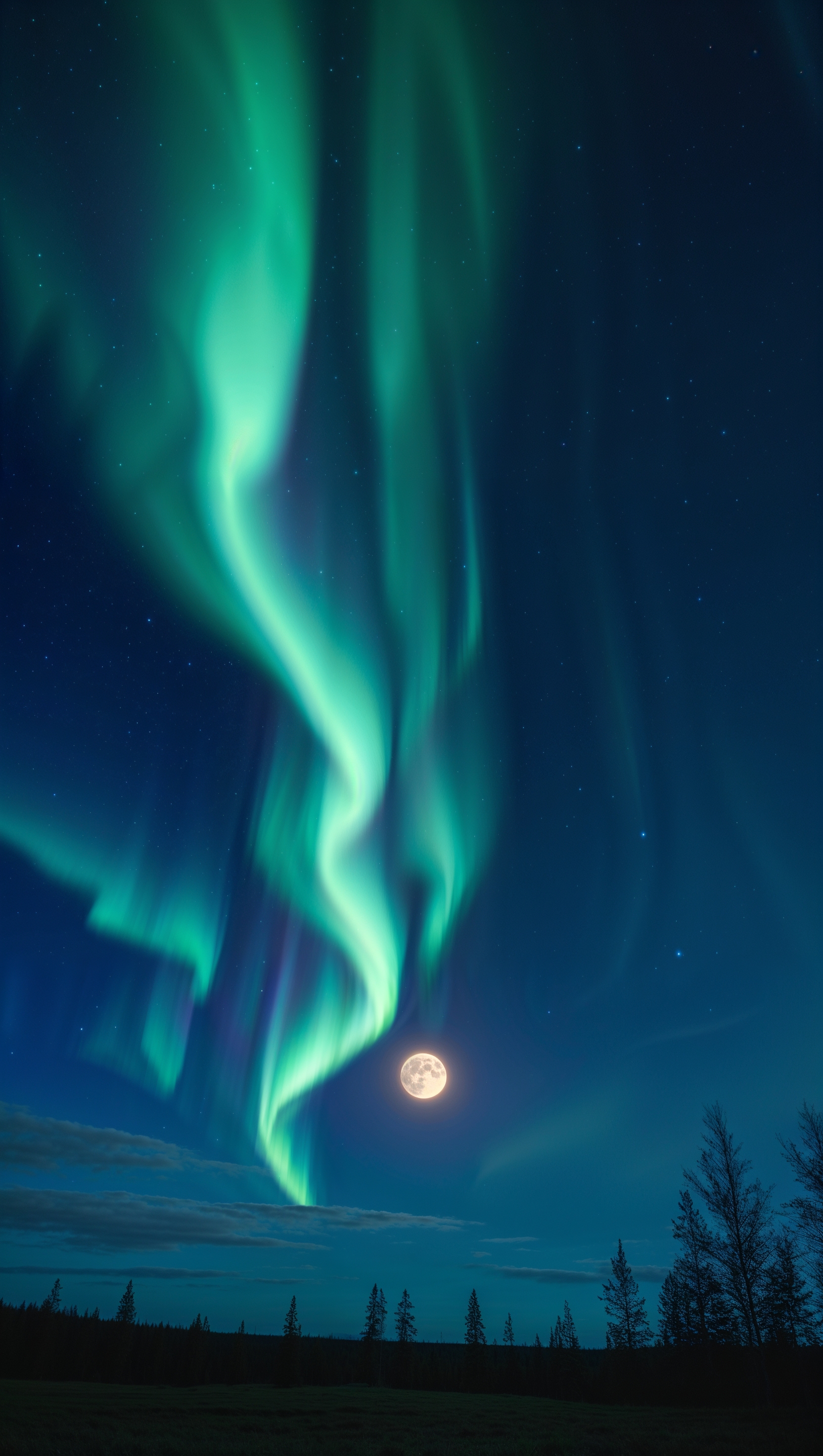 Aurora Borealis with green and blue colors in the night sky and moonlight