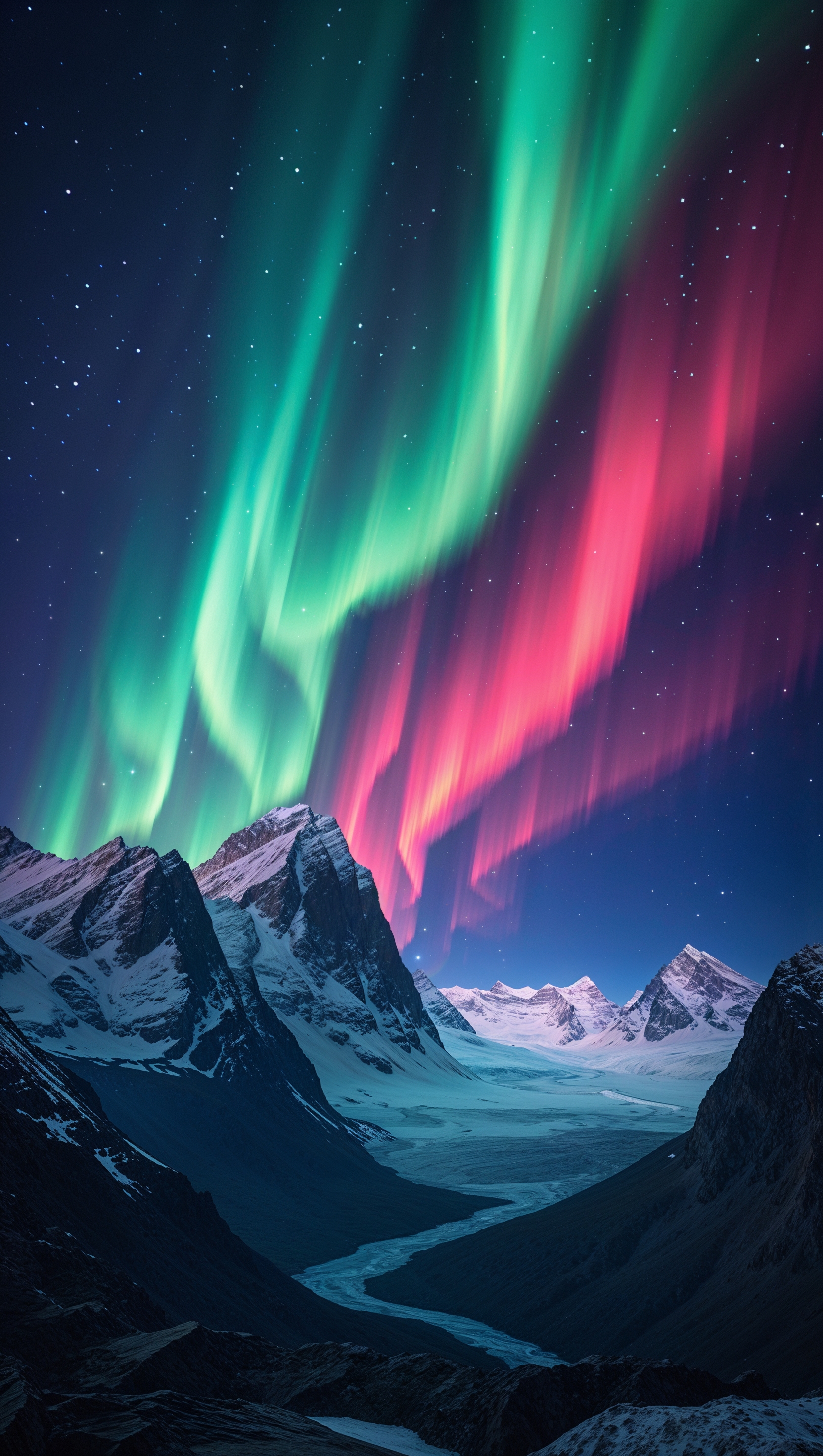 Aurora Borealis seen above towering mountains