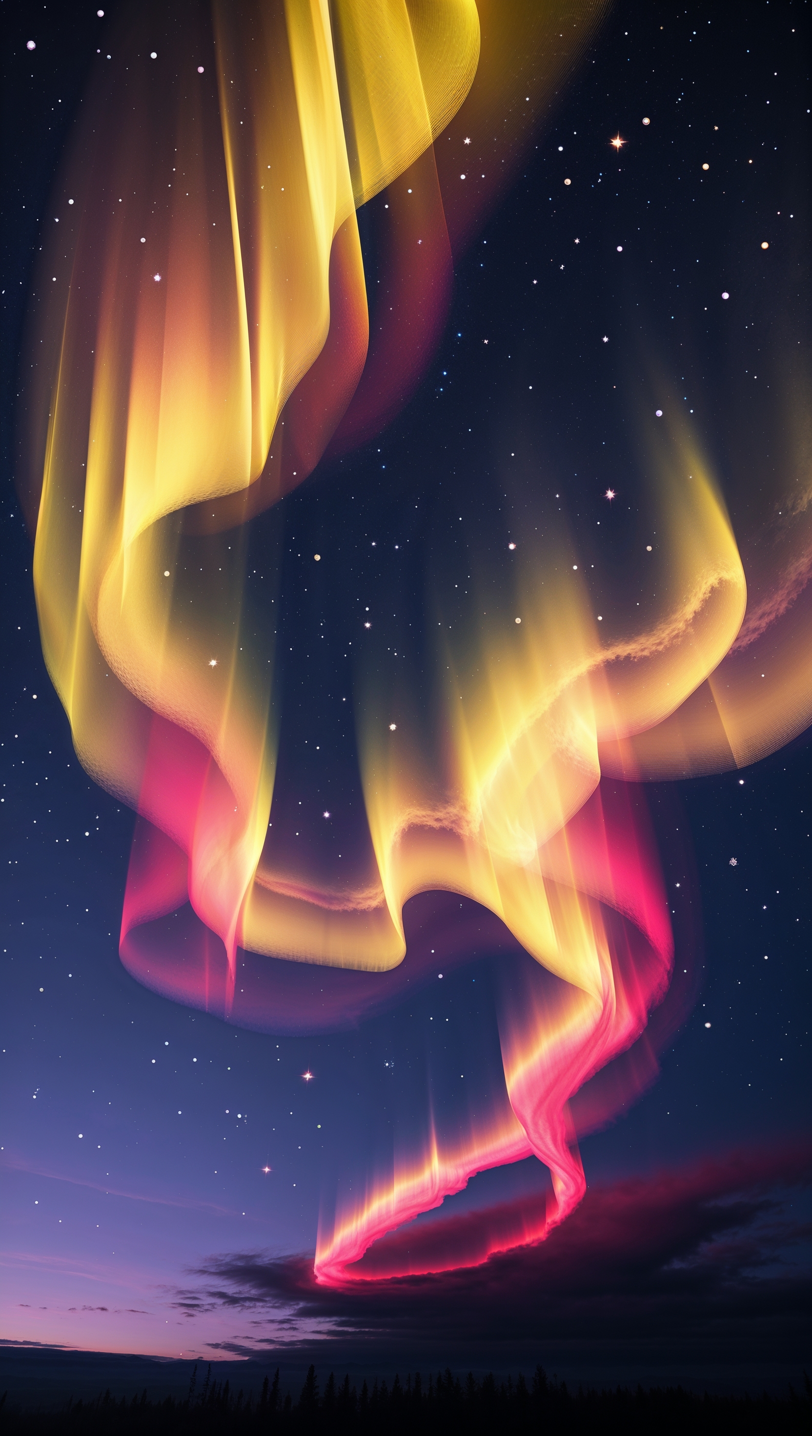 Aurora Borealis with yellow and red colors in the night sky