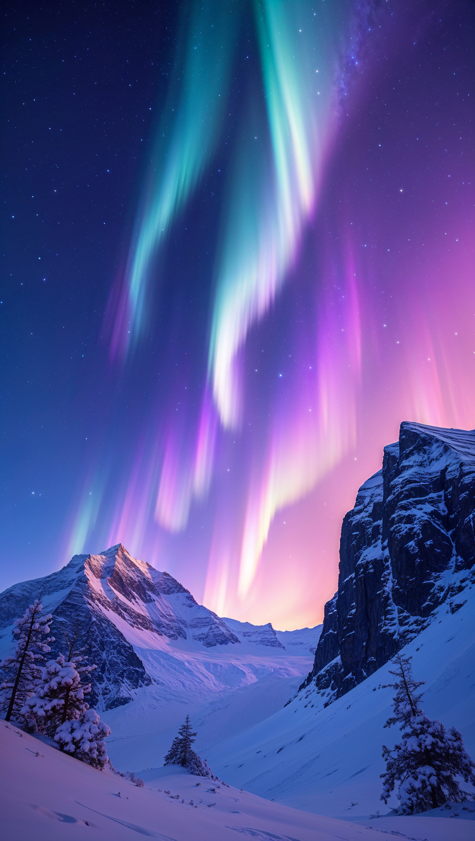 An image of Aurora Borealis beside a tall, frozen mountain peak