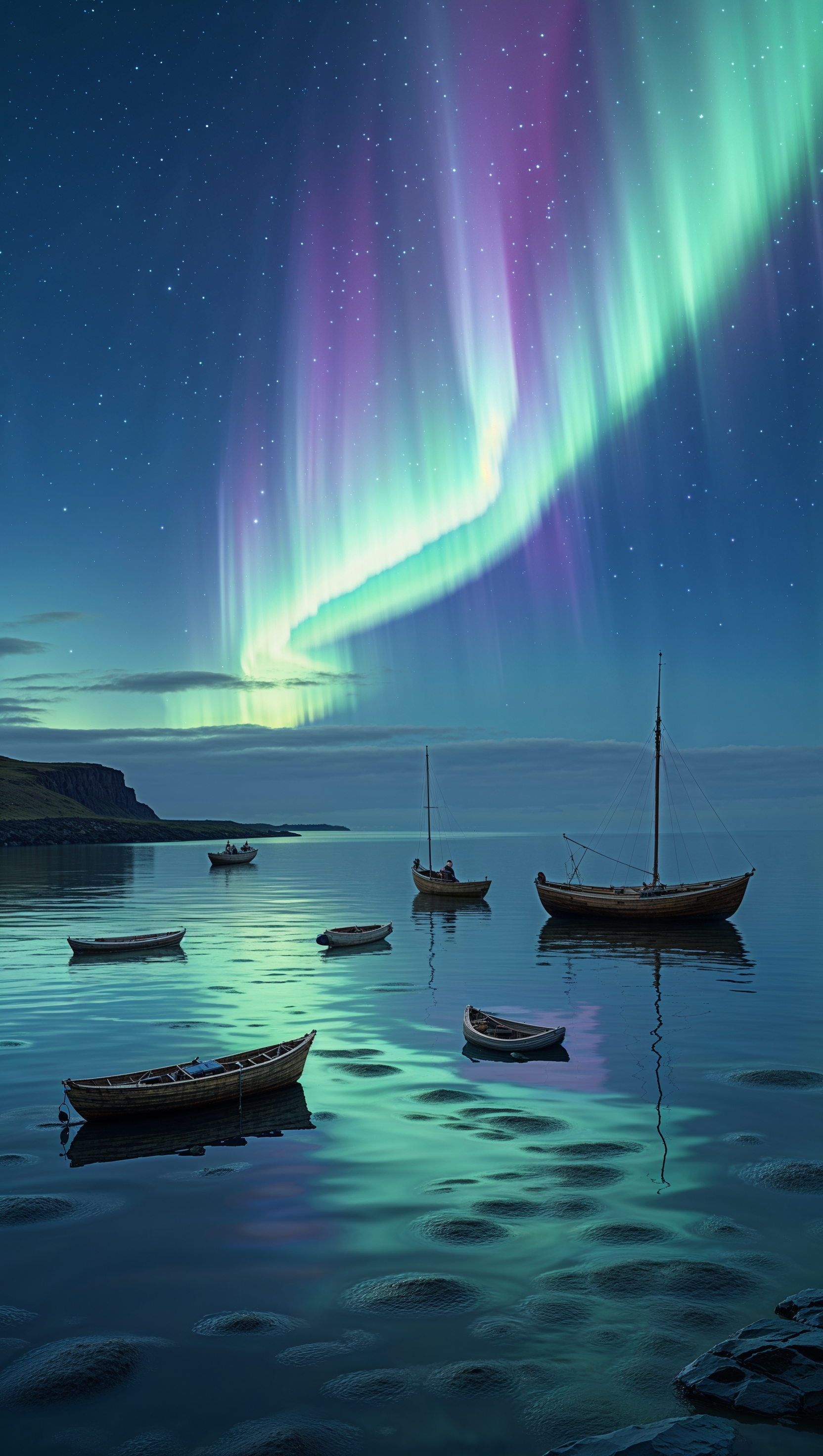 Aurora Borealis beside the sea with small boats in the water