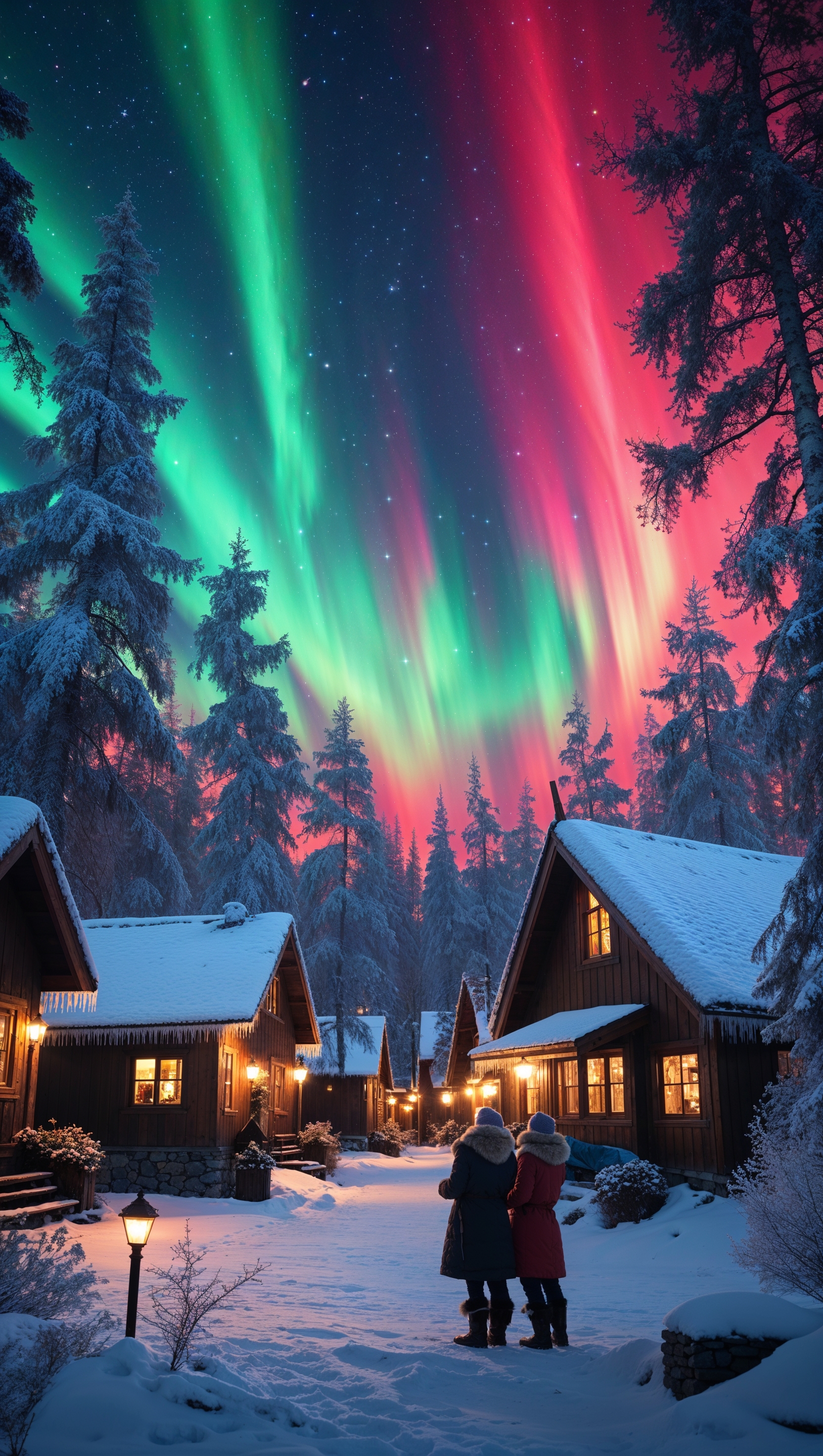 Aurora Borealis in the night sky above a snowy village