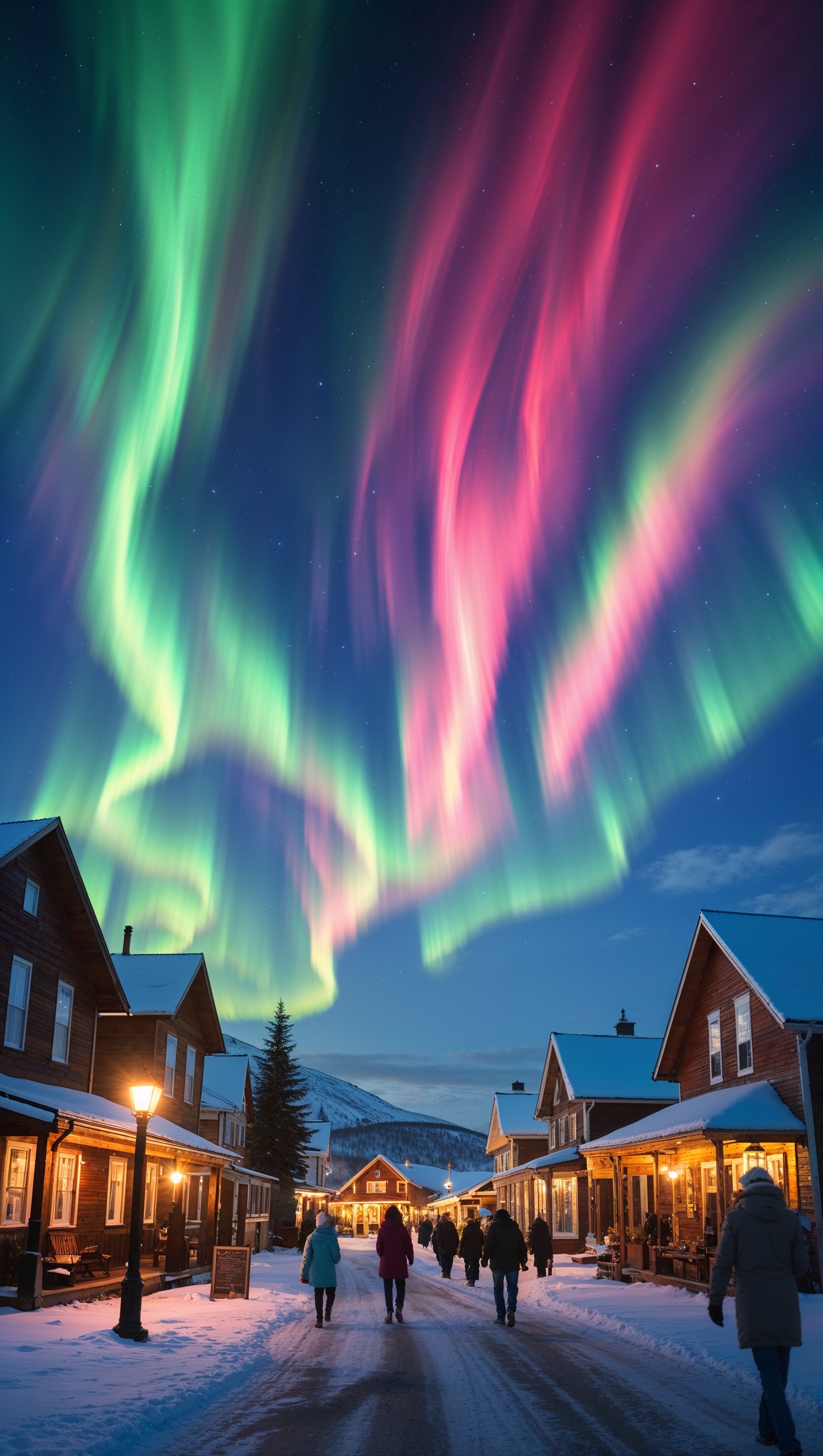 Aurora Borealis in the background of a small town at night