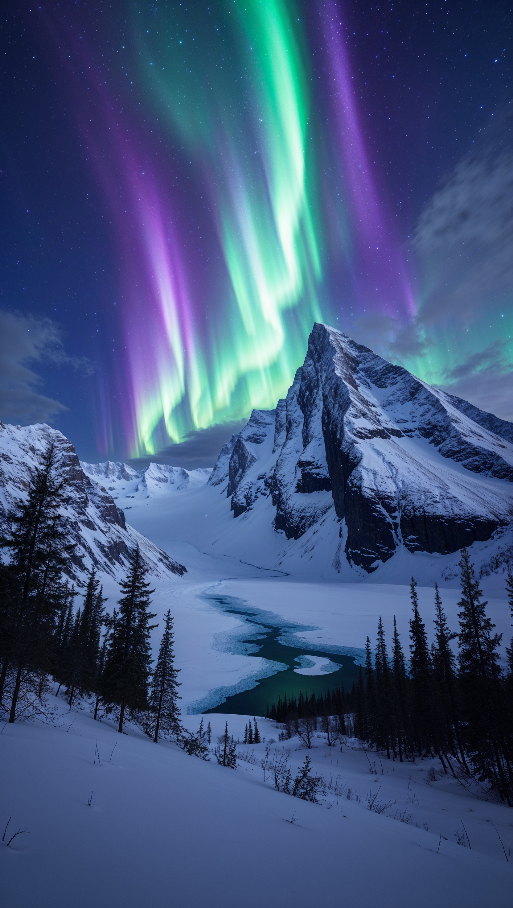 Aurora Borealis in the background of a tall, frozen mountain