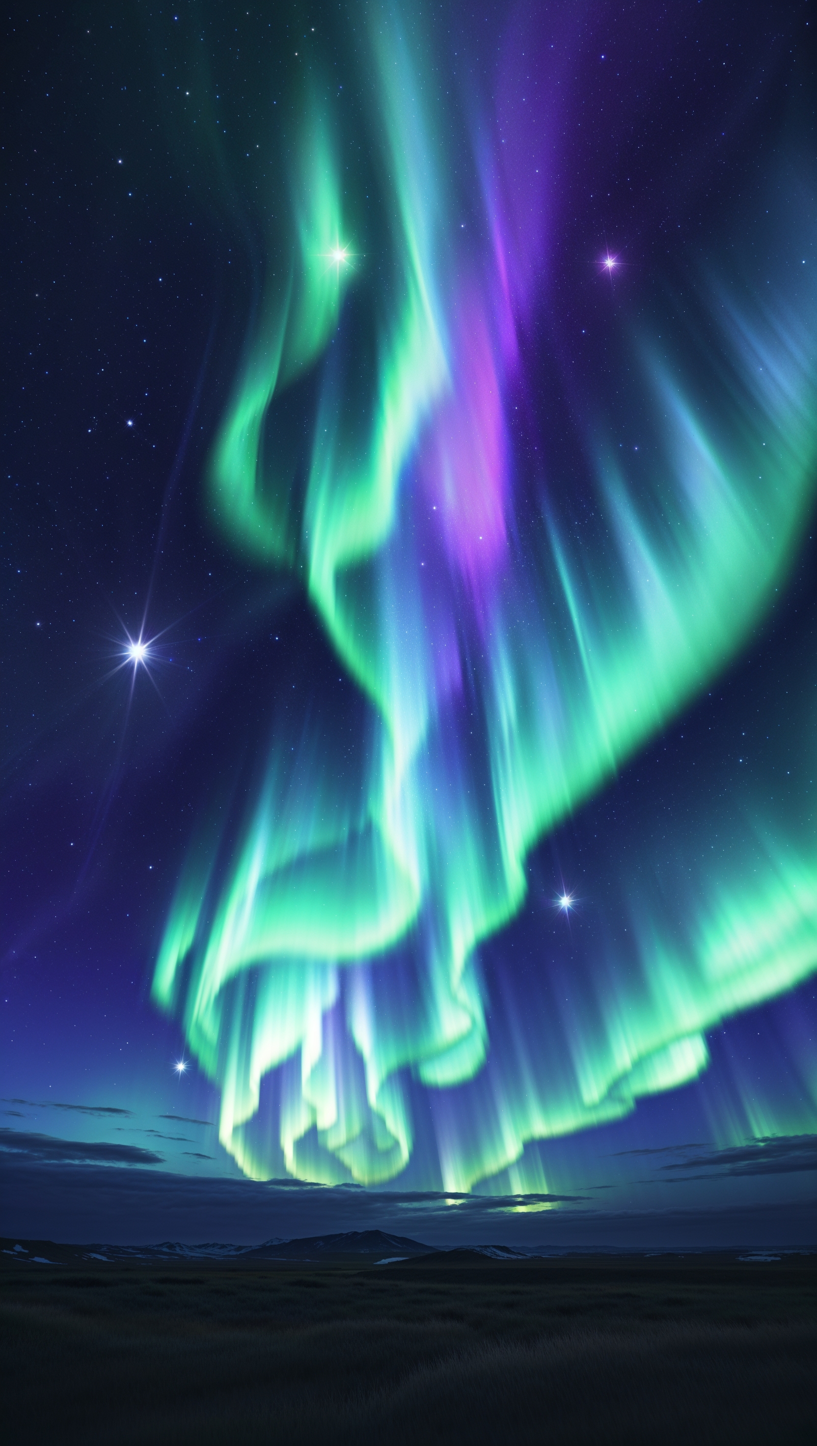 Aurora Borealis with shining stars and planets in the sky