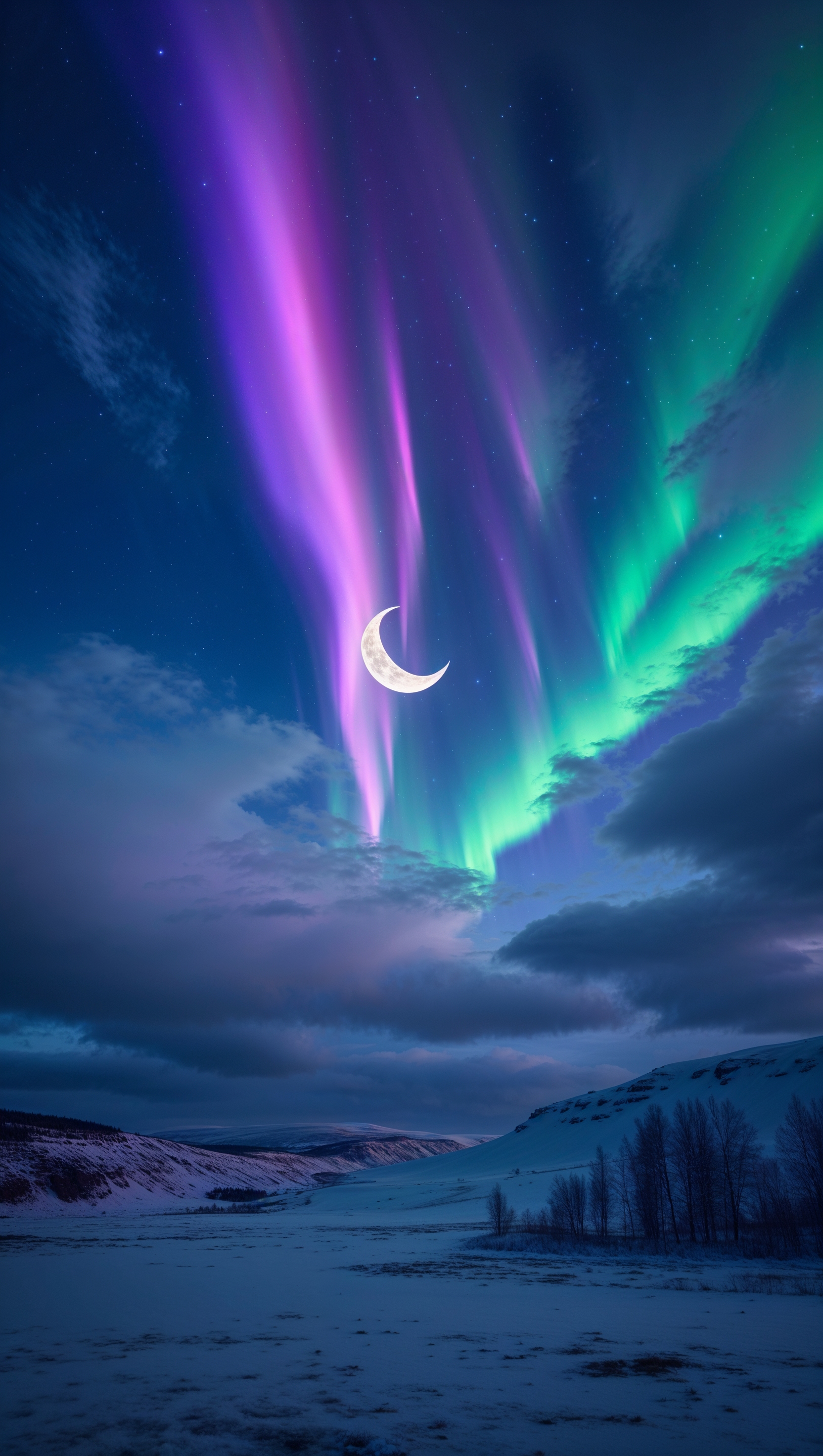 Aurora Borealis with purple and blue colors and moonlight in the sky