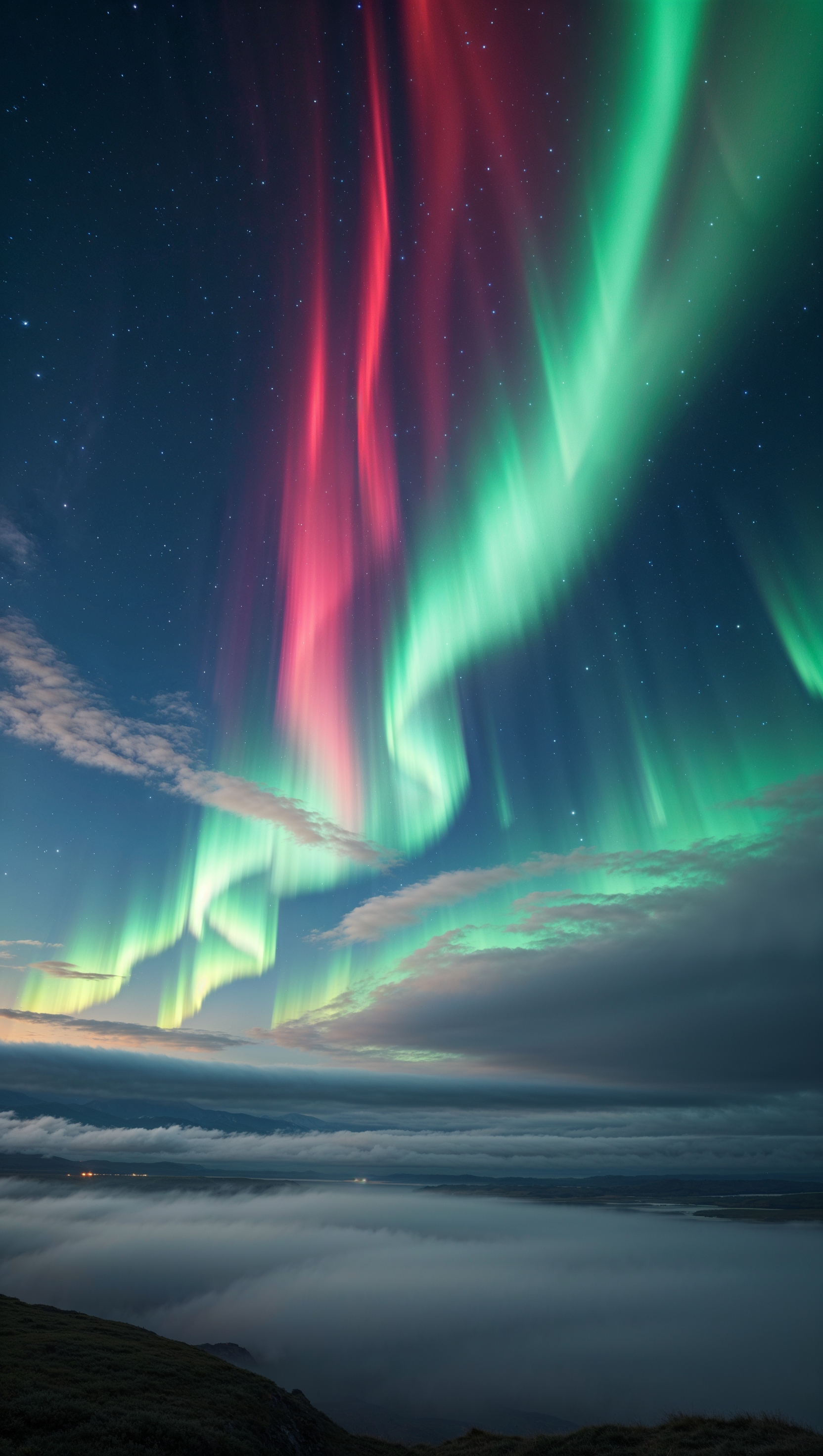 Aurora Borealis in the night sky with thin clouds and beautiful colors