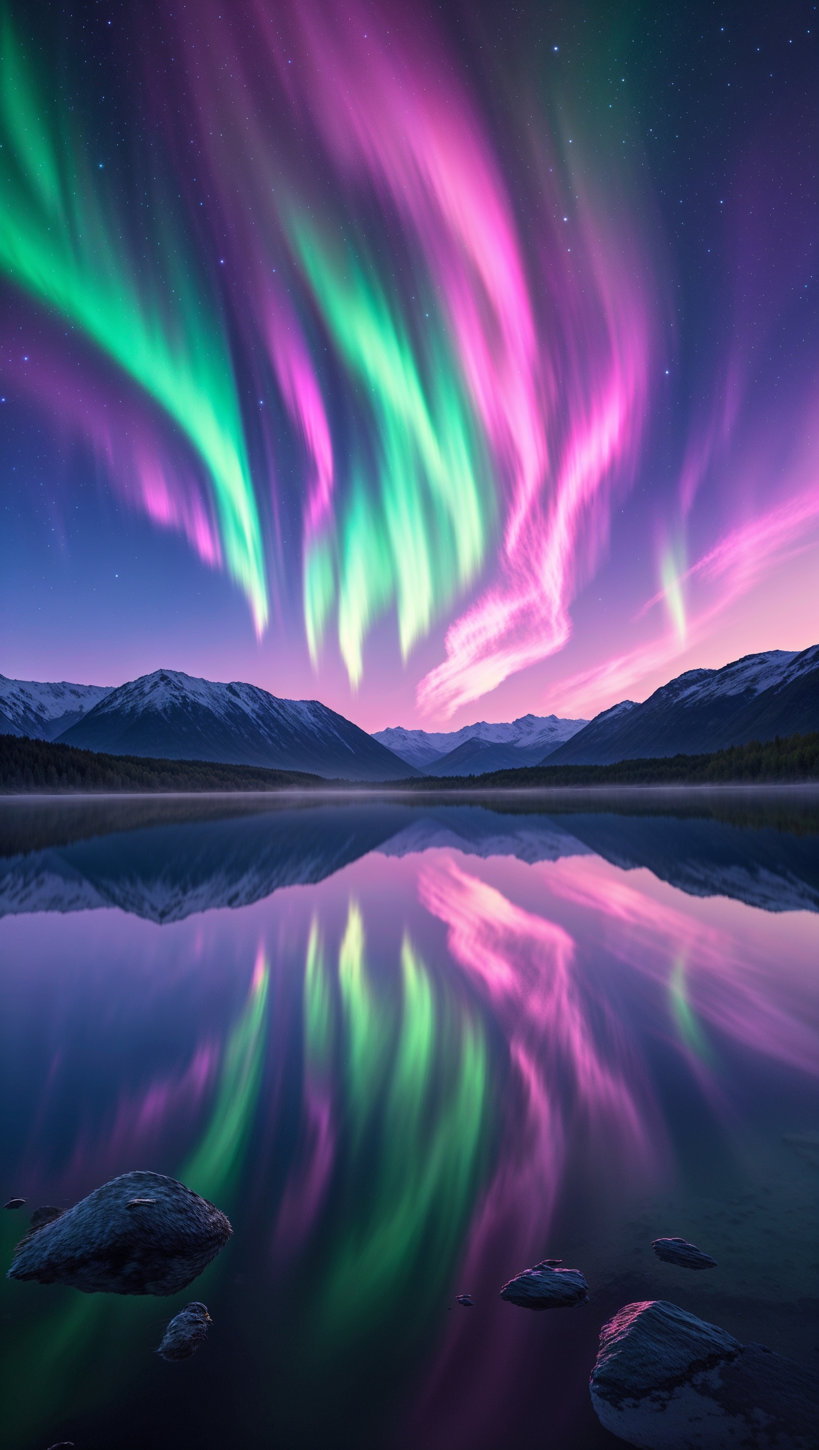 A blend of the Aurora Borealis with a calm lake, reflecting the colors in the water