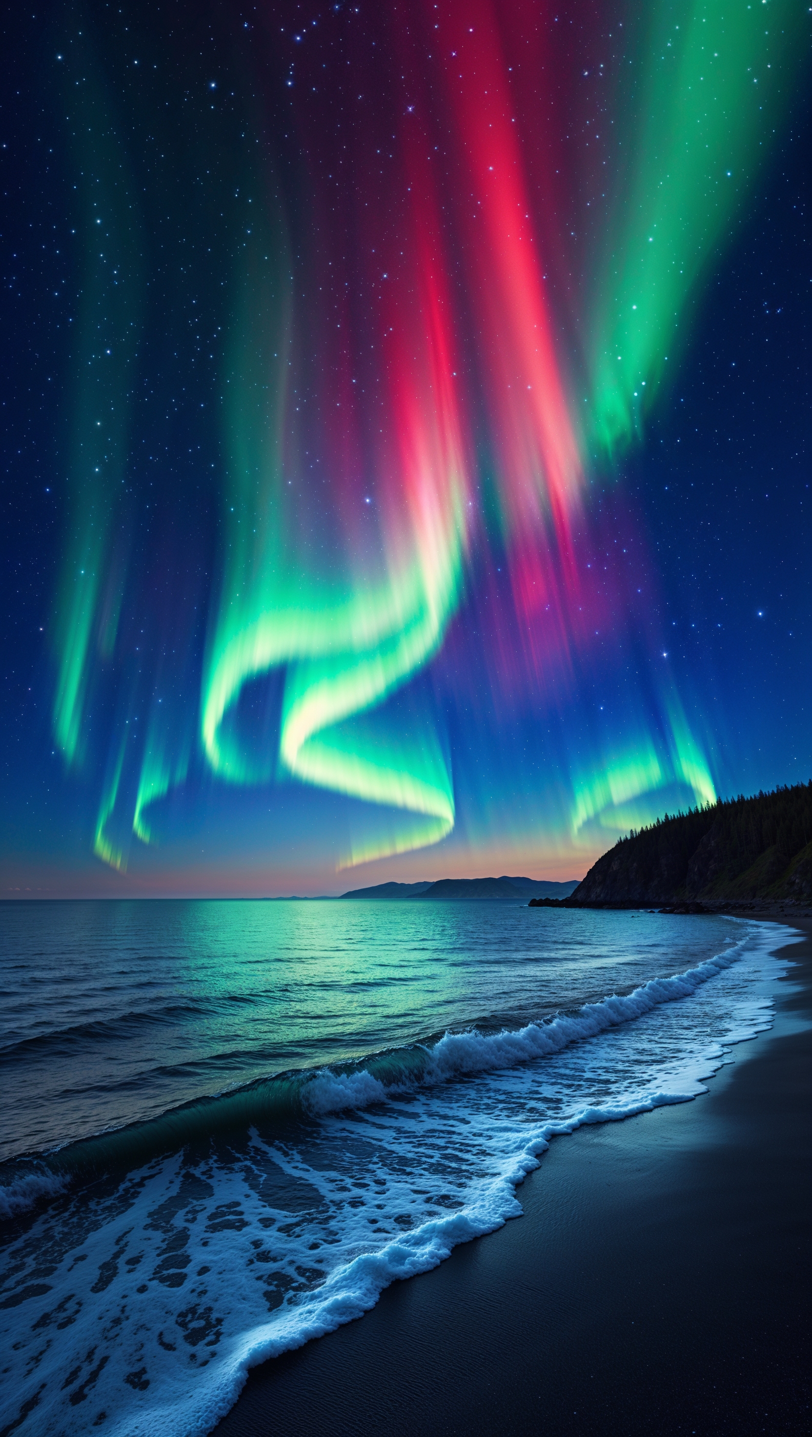 Aurora Borealis in the night sky beside the sea with calm waves