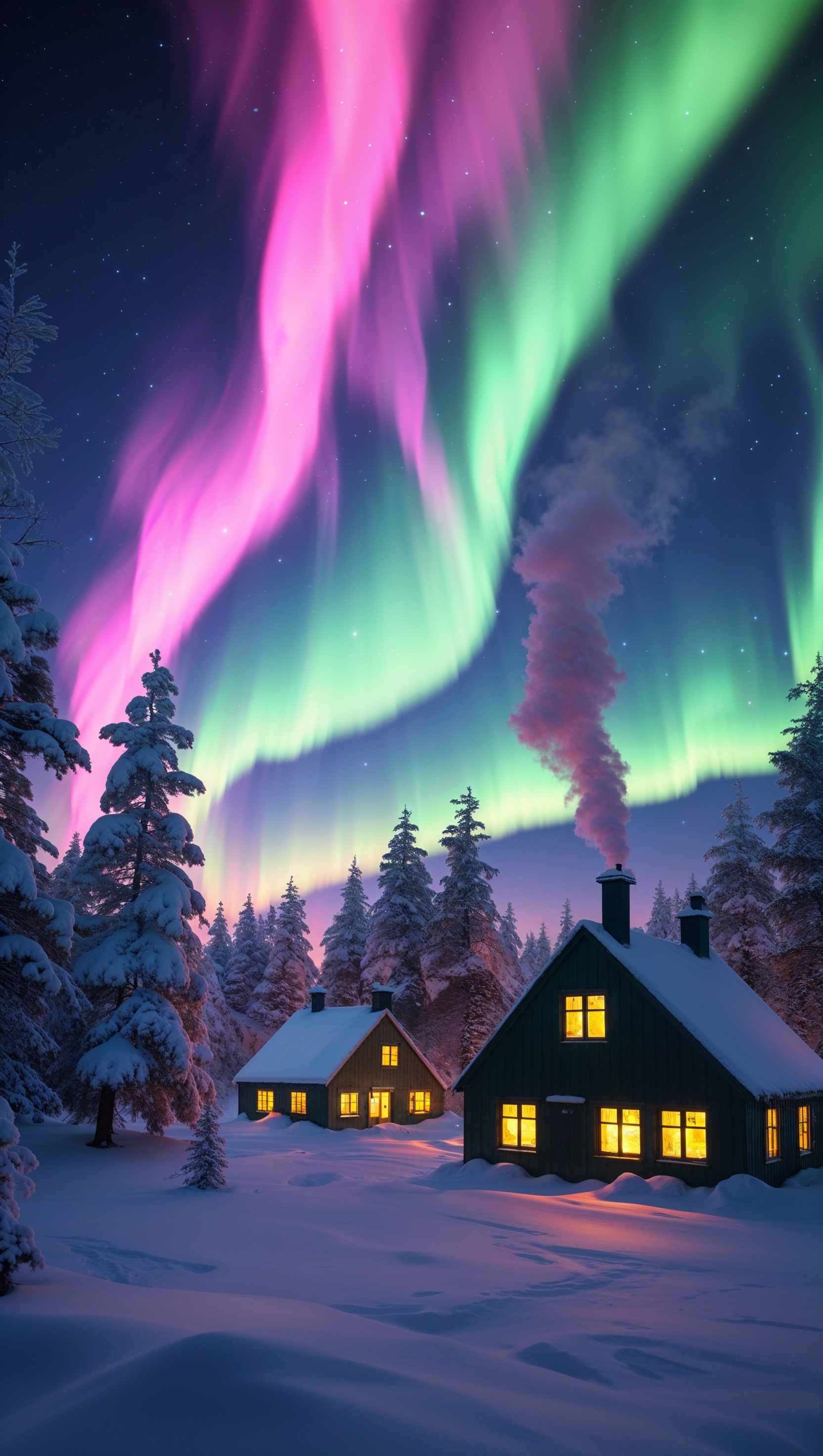 The Aurora Borealis with pink and green lights above a small village at night