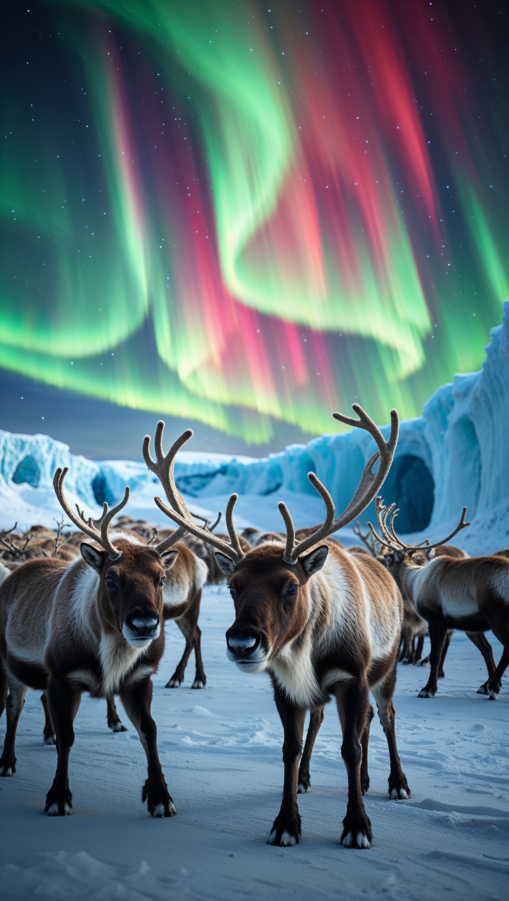 An image of the Aurora Borealis in polar regions with wild animals like reindeer
