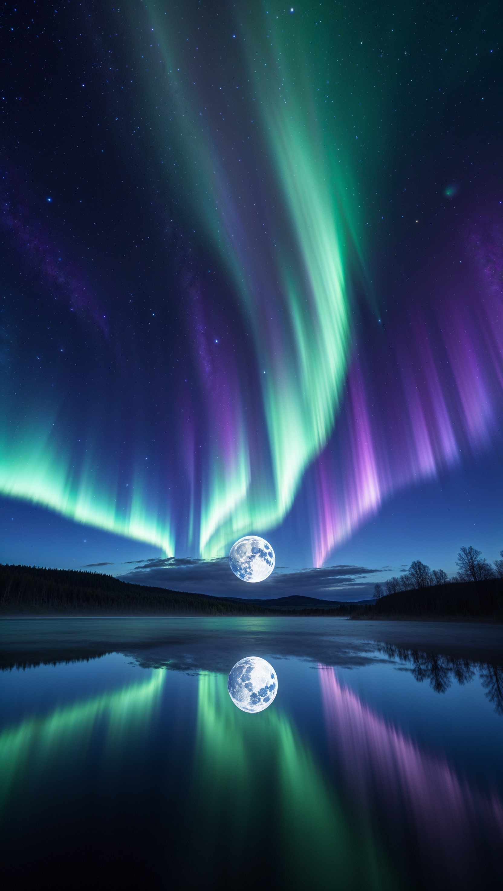 Aurora Borealis along with starry lights and a full moon in the night sky