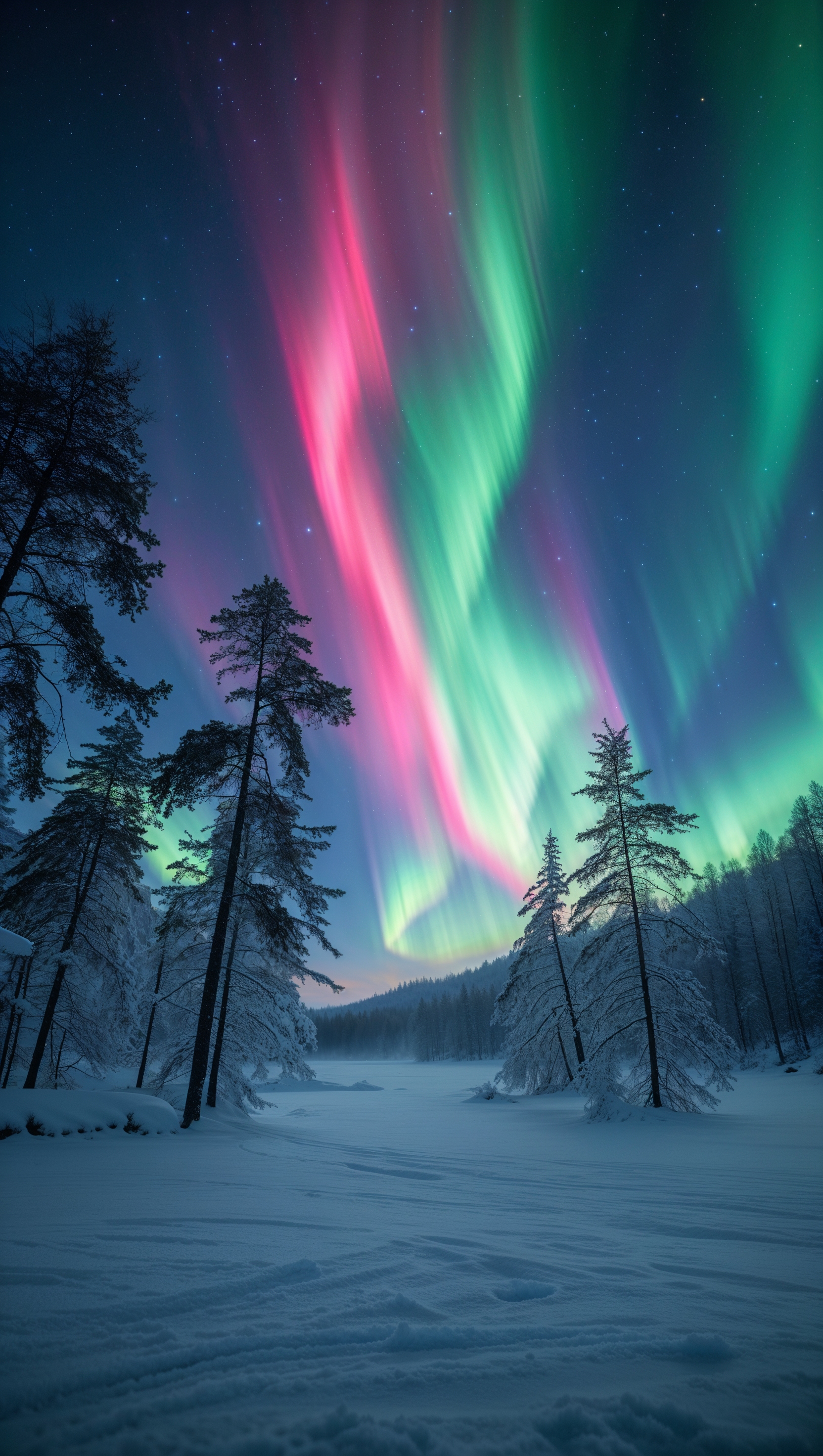 Aurora Borealis in the cold sky of the North Pole, with pine trees and snow on the ground