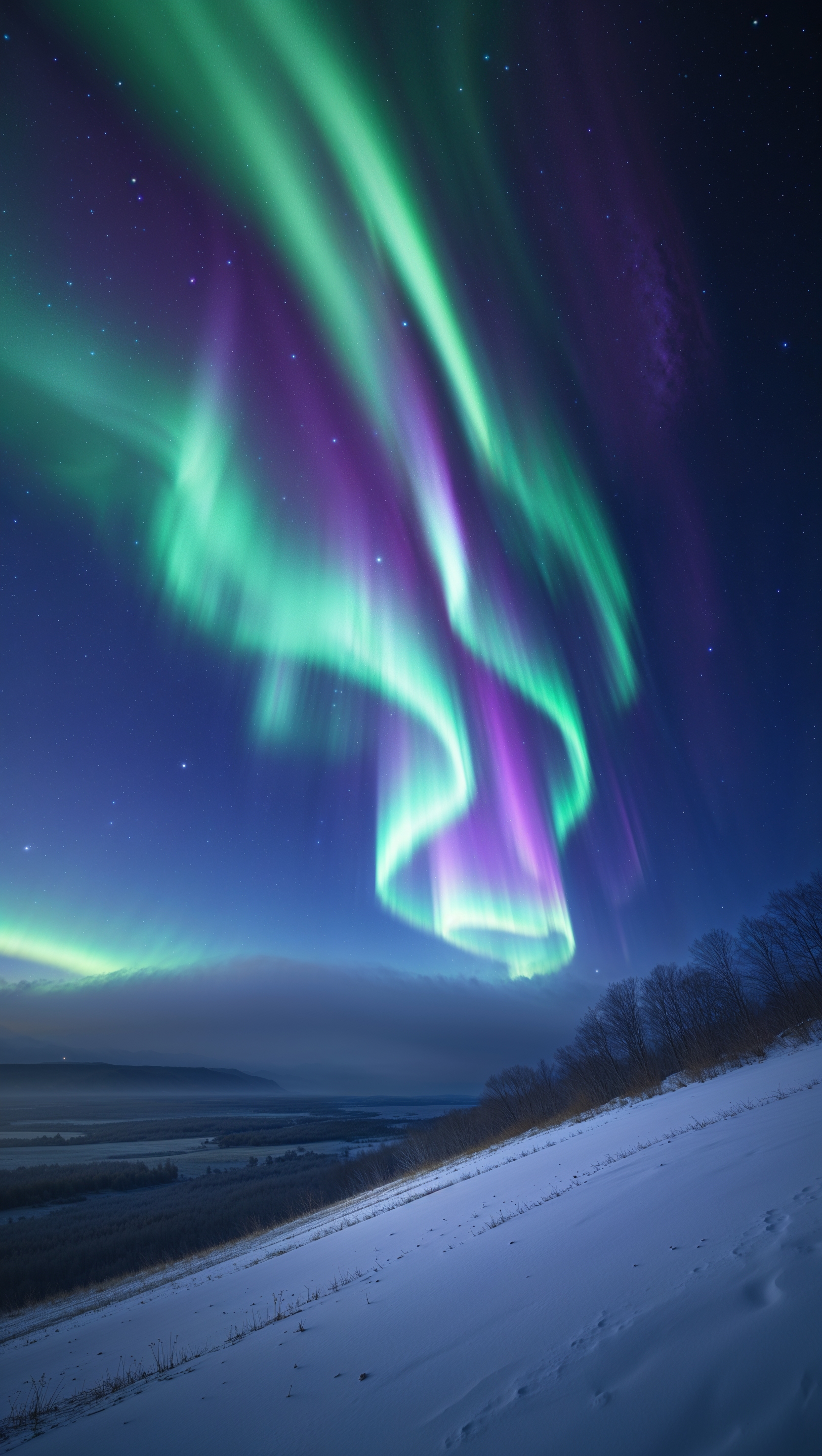 A stunning image of Aurora Borealis next to a snowy hill with the night sky